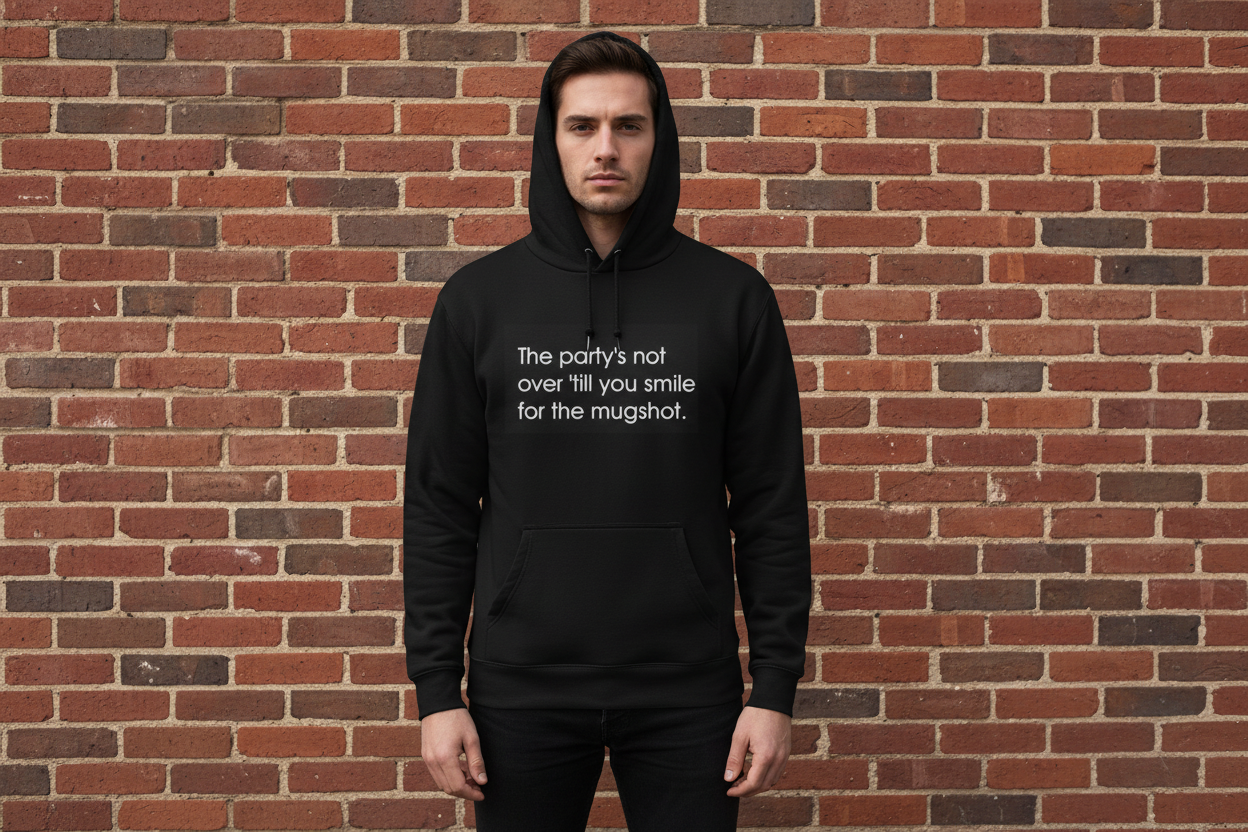 Hoodie — "The party’s not over ’till you smile for the mugshot" Funny Statement Pullover