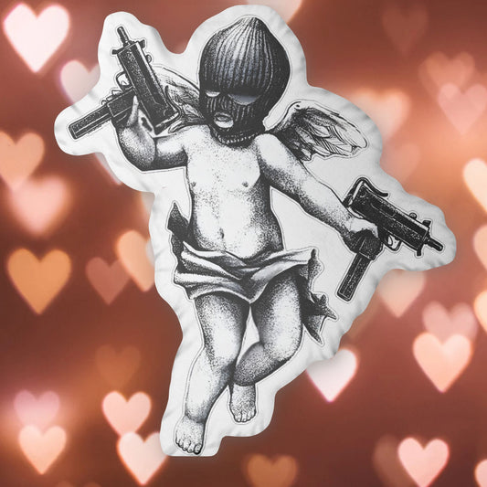 Edgy Cupid Throw Pillow — Masked Angel with Guns Custom Shaped Pillow