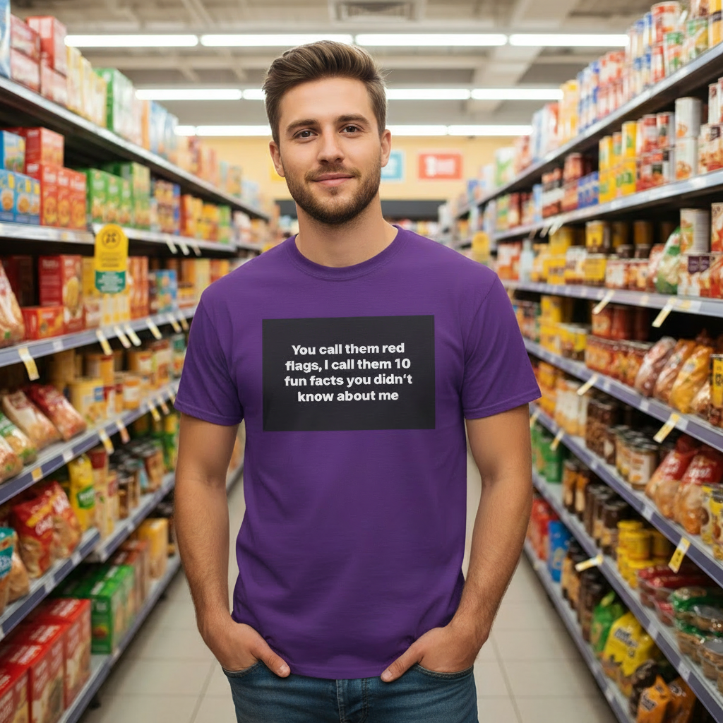 Purple t-shirt with text on a red background