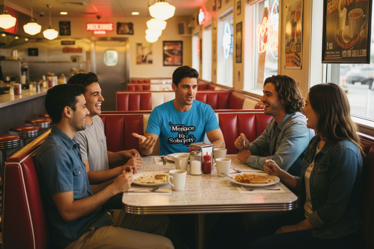 Blue t-shirt with 'Menace to Sobriety' text on a gradient background