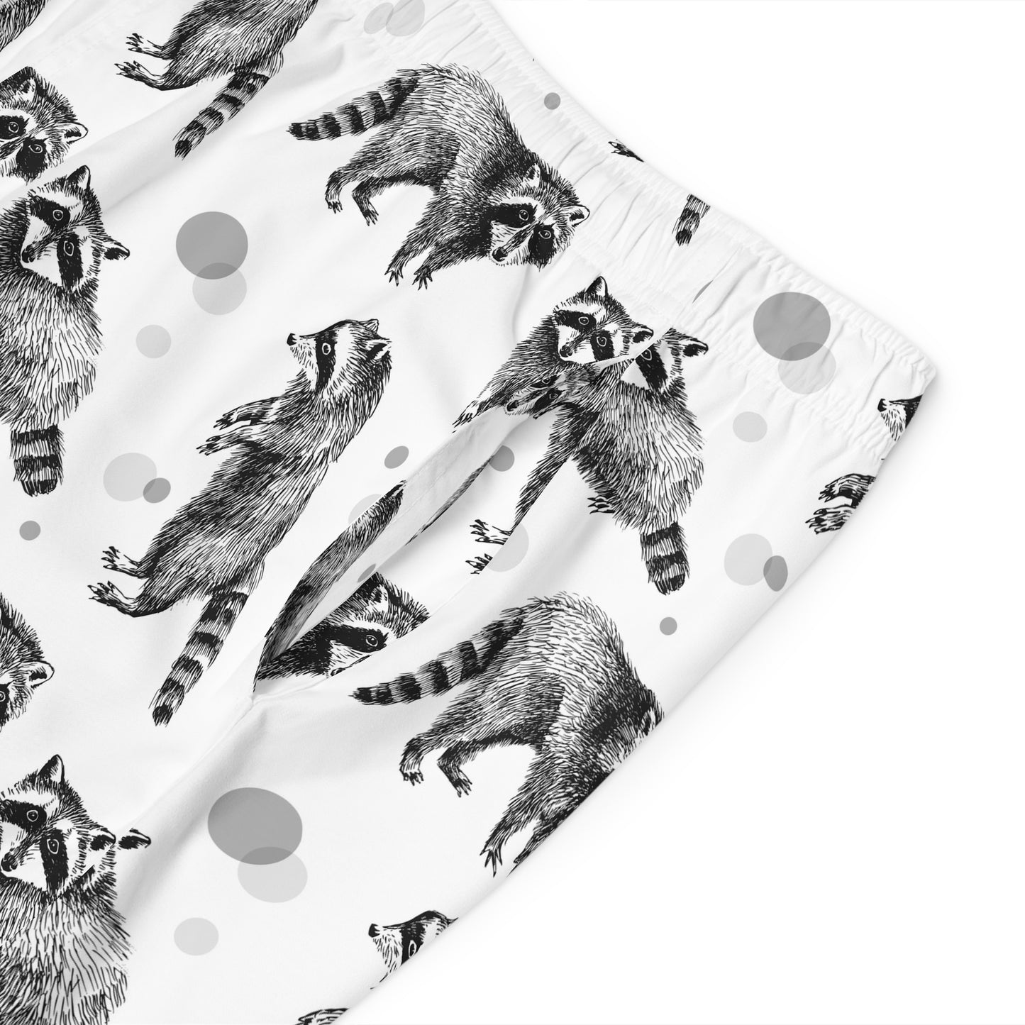 Raccoon Pattern Board Shorts – Black & White Wildlife Swim Trunks