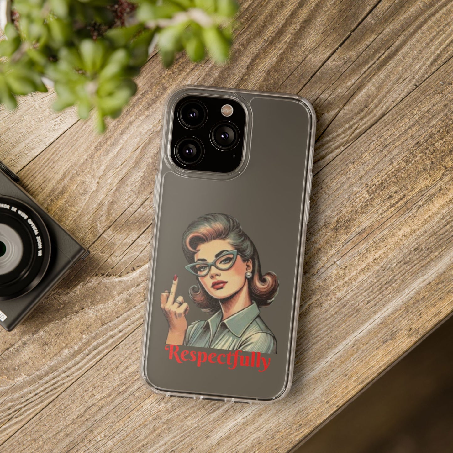 Clear Phone Case — Retro Woman Giving the Finger Graphic with “Respectfully” Text