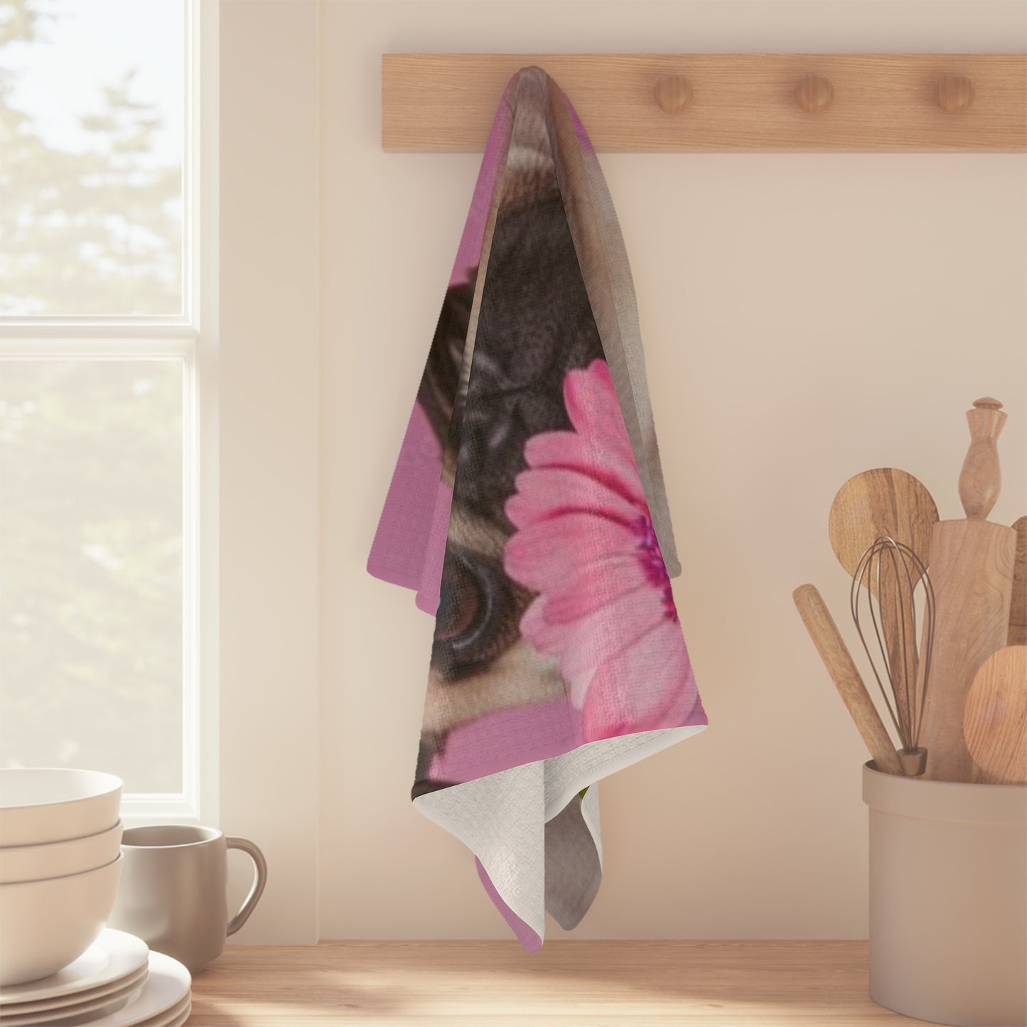 Pug with Pink Daisy Microfiber Tea Towel — Cute Floral Dog Kitchen Towel