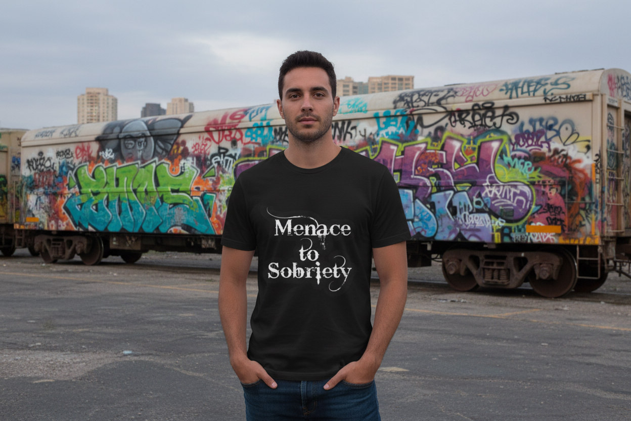 Black t-shirt with 'Menace to Sobriety' text on a gradient background