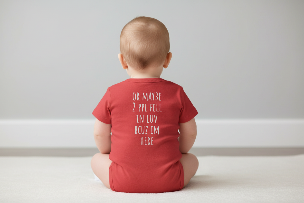 Baby wearing a red onesie with text on the back, sitting against a plain background