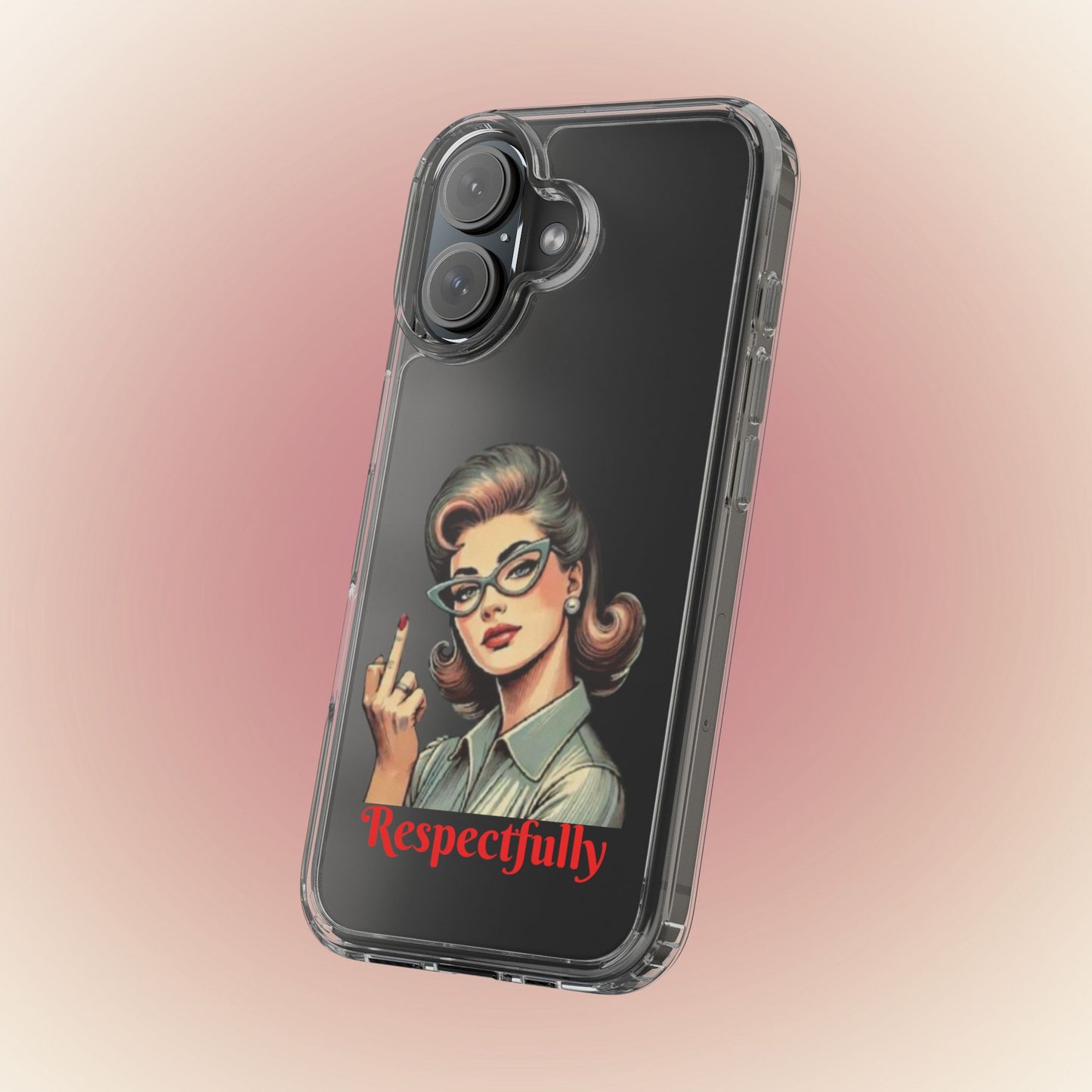 Clear Phone Case — Retro Woman Giving the Finger Graphic with “Respectfully” Text