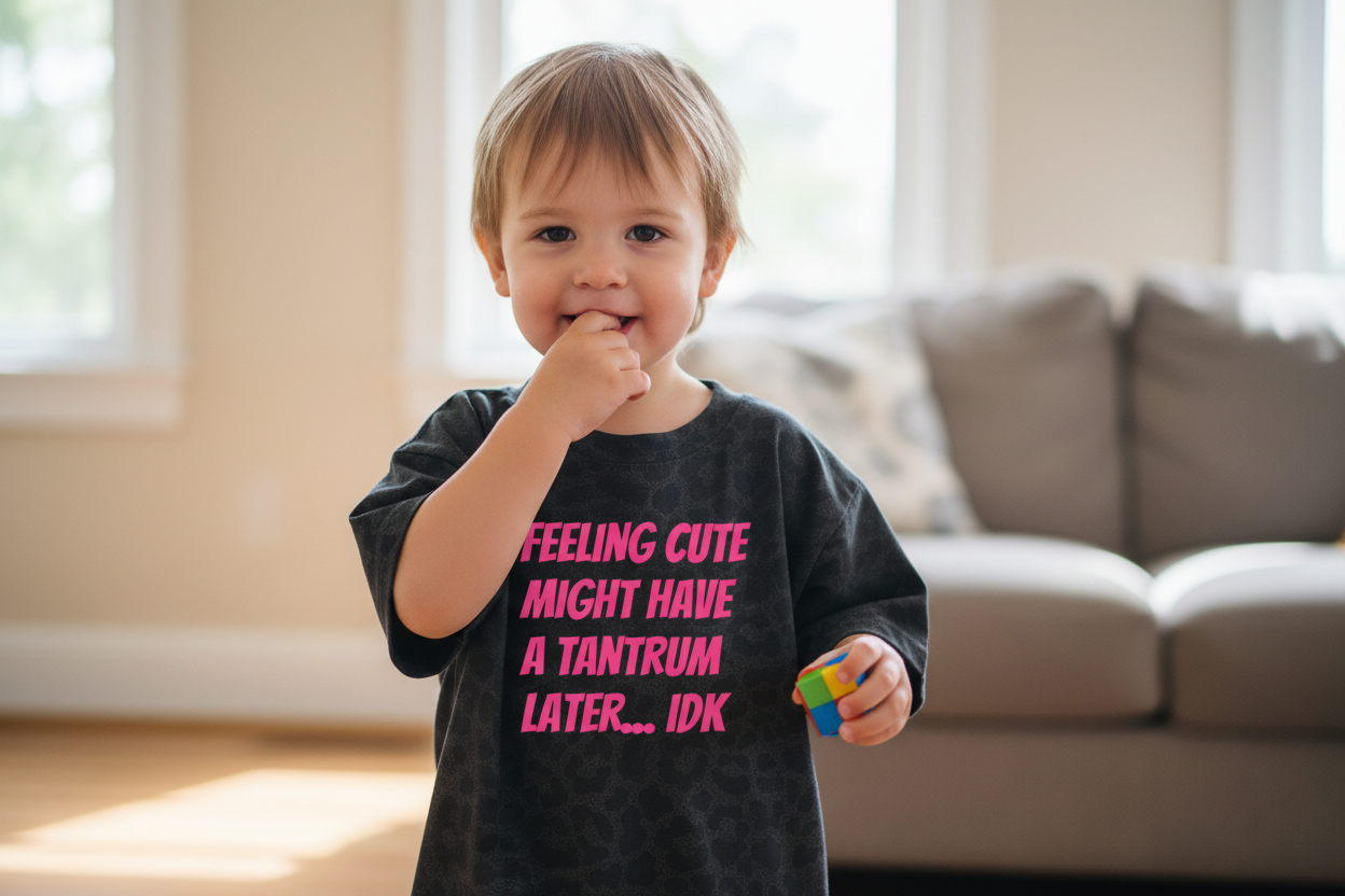 Black t-shirt with pink text on a colorful bokeh background