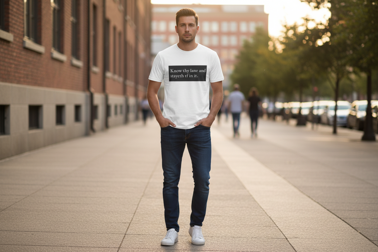 White t-shirt with black text on a gray background