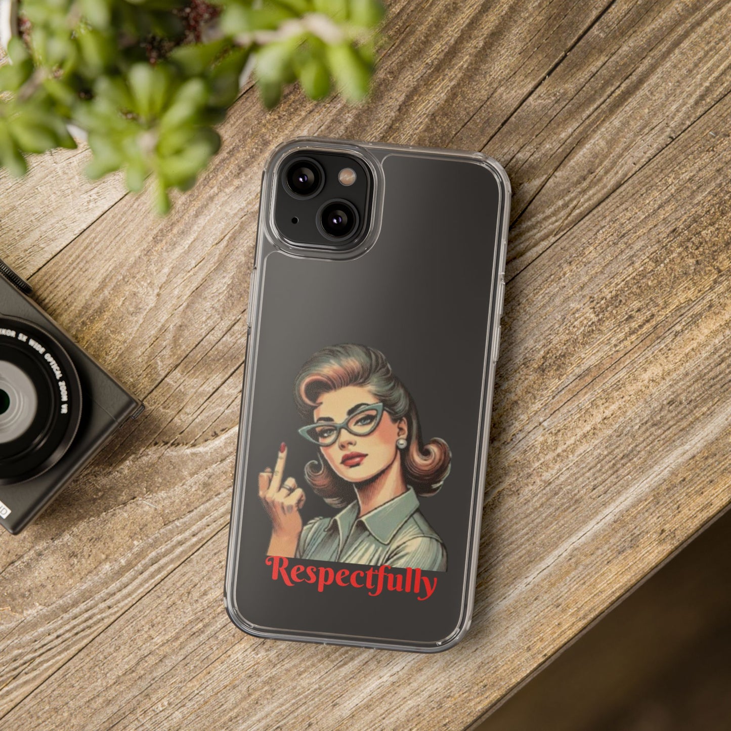 Clear Phone Case — Retro Woman Giving the Finger Graphic with “Respectfully” Text