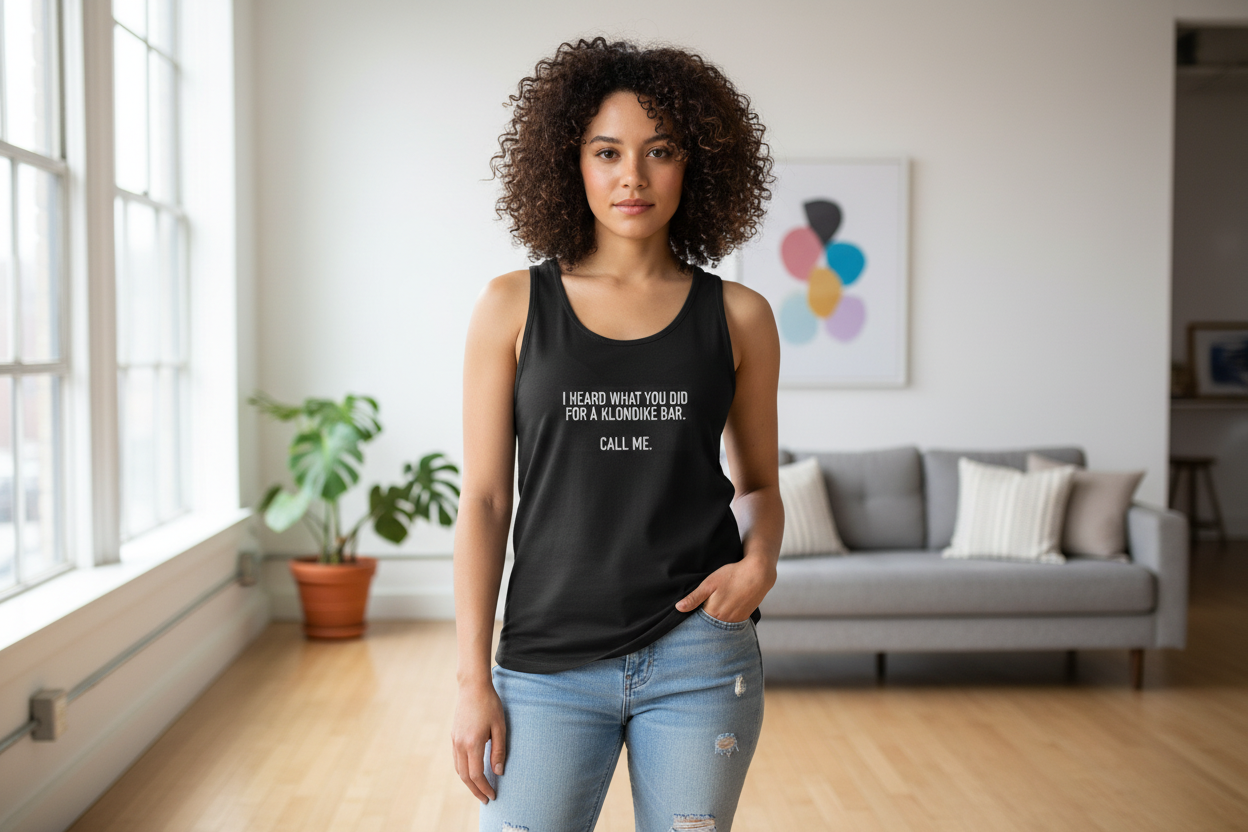 Black tank top with white text on a gradient background