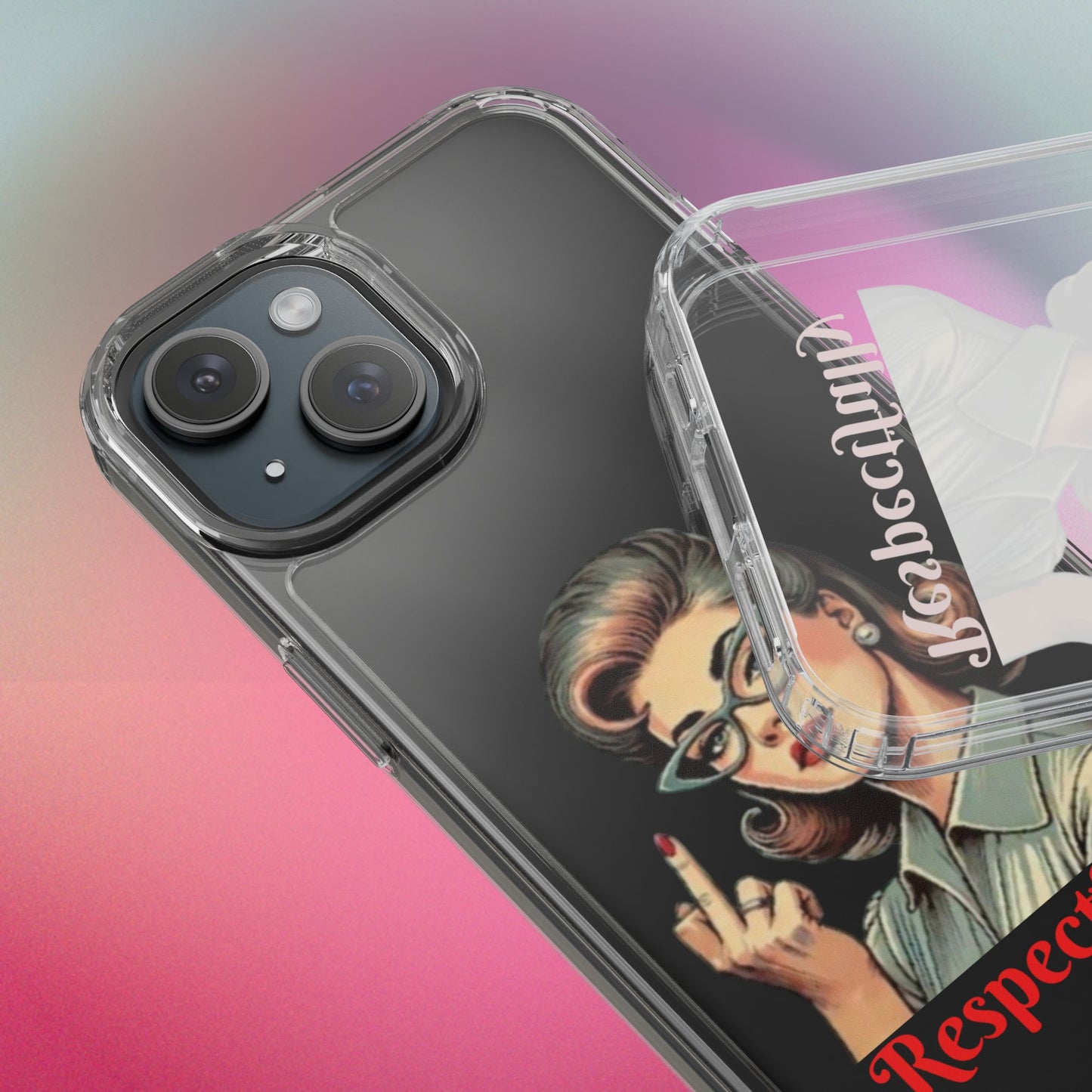 Clear Phone Case — Retro Woman Giving the Finger Graphic with “Respectfully” Text