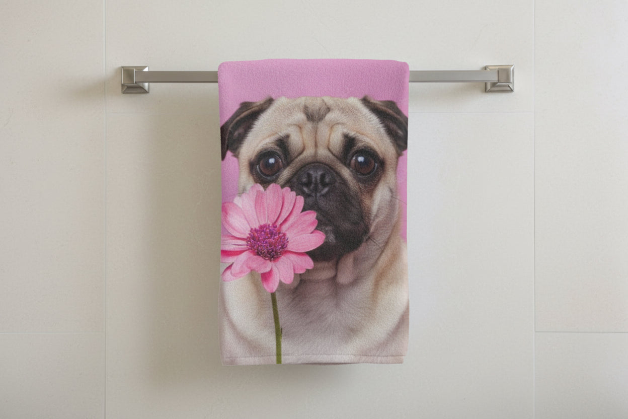 Pug dog with a pink flower on a pink background