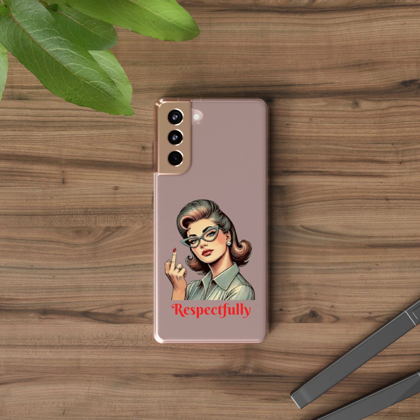Clear Phone Case — Retro Woman Giving the Finger Graphic with “Respectfully” Text