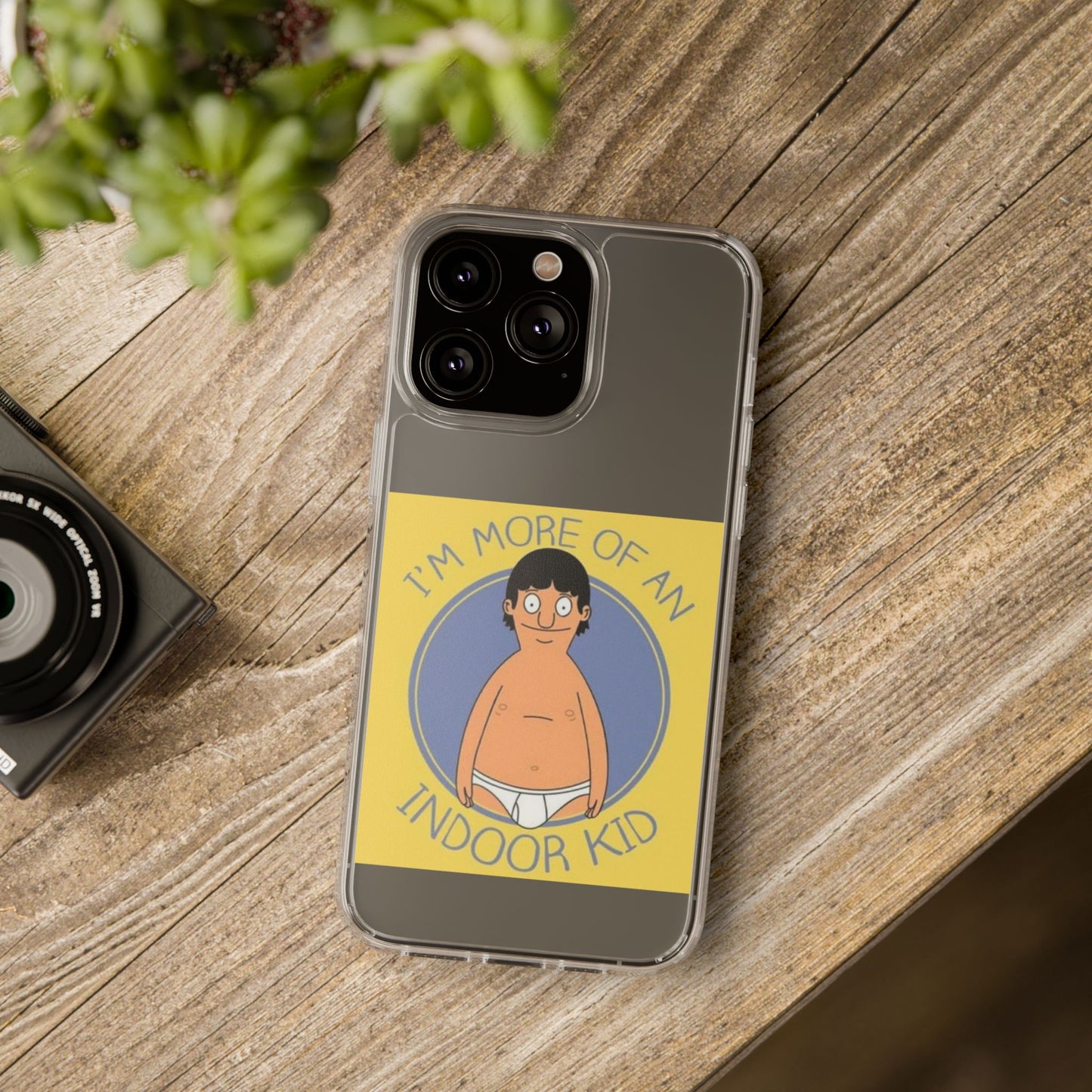 Clear Phone Case — "I'm More of an Indoor Kid" Cartoon Design