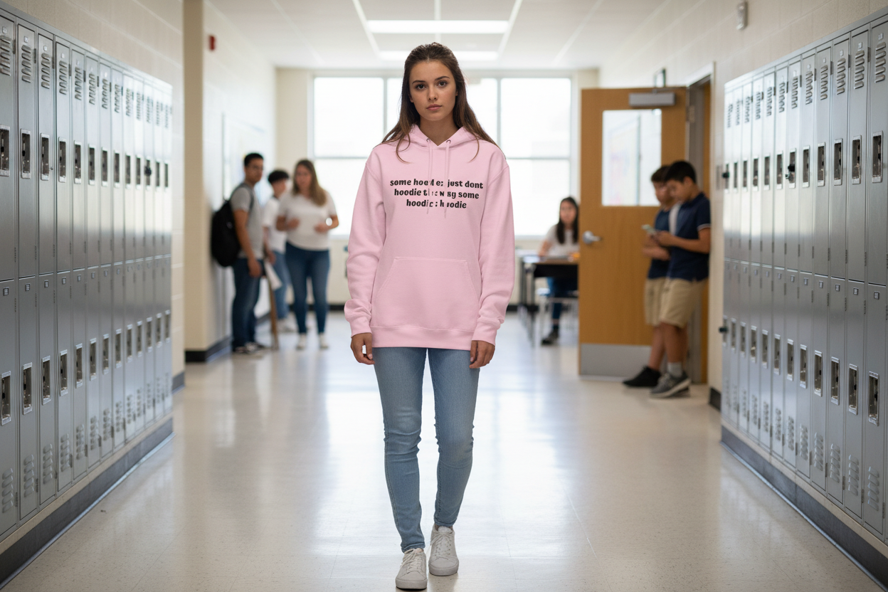 Pink hoodie with text on the back against a colorful background