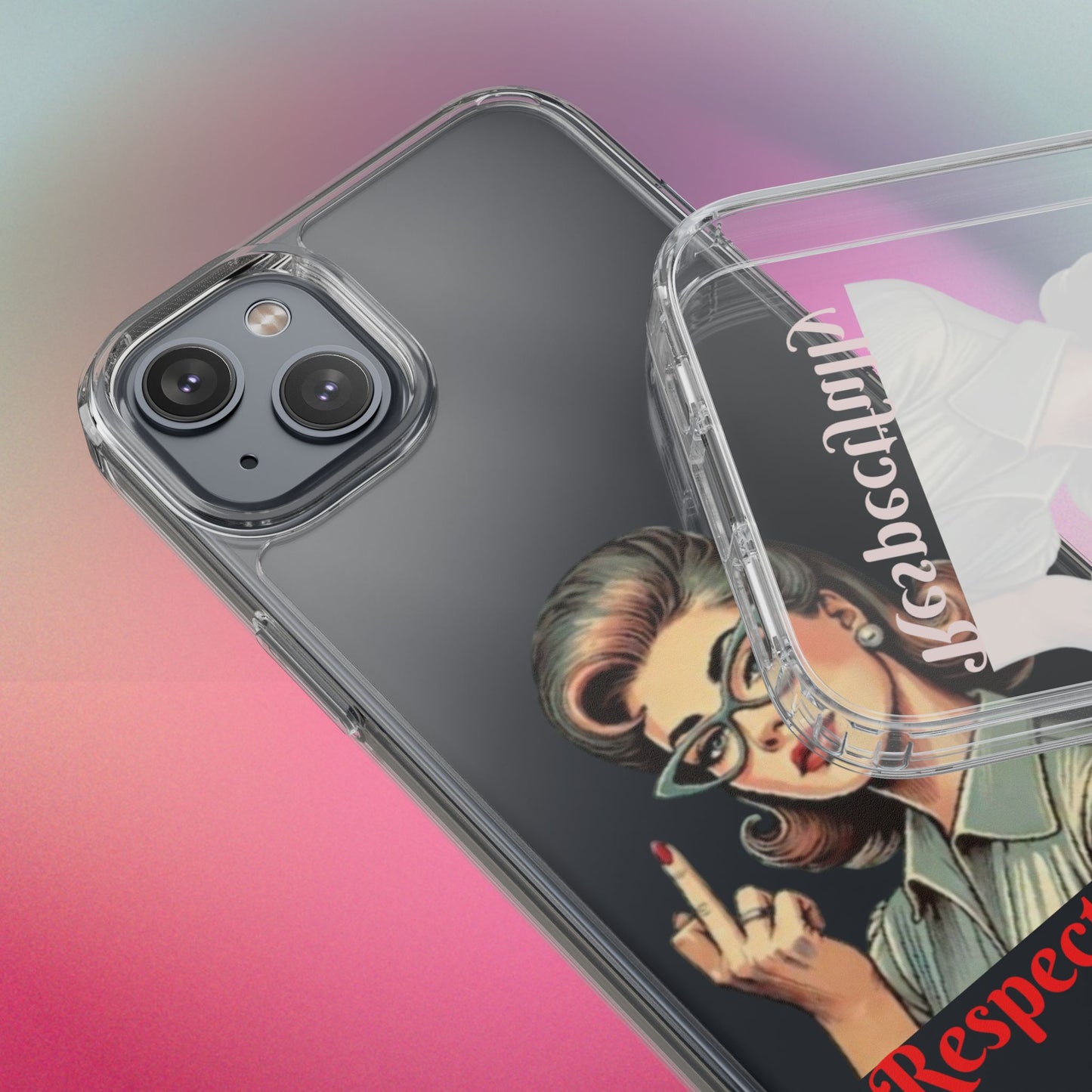 Clear Phone Case — Retro Woman Giving the Finger Graphic with “Respectfully” Text