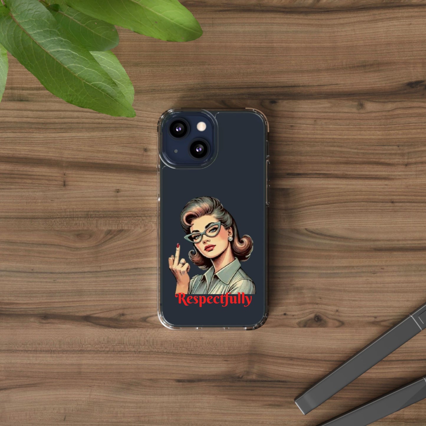 Clear Phone Case — Retro Woman Giving the Finger Graphic with “Respectfully” Text