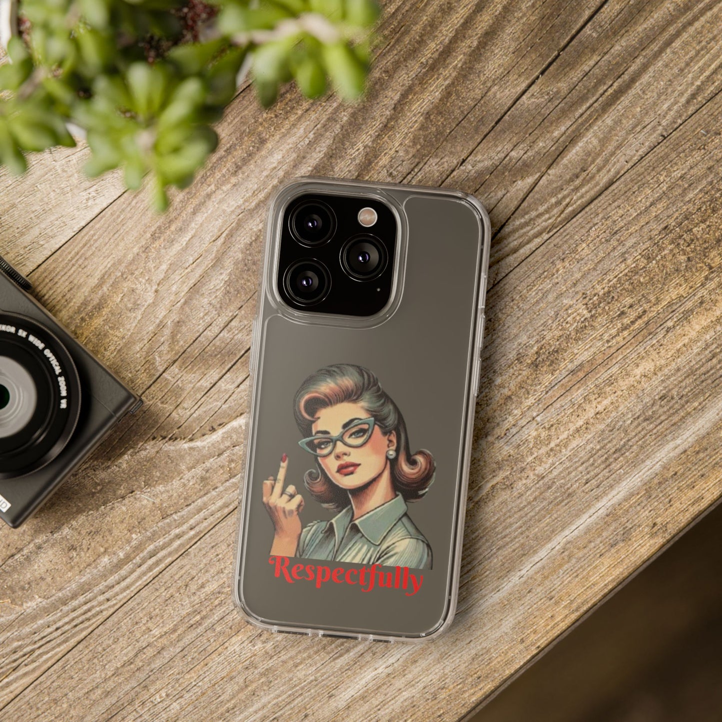 Clear Phone Case — Retro Woman Giving the Finger Graphic with “Respectfully” Text