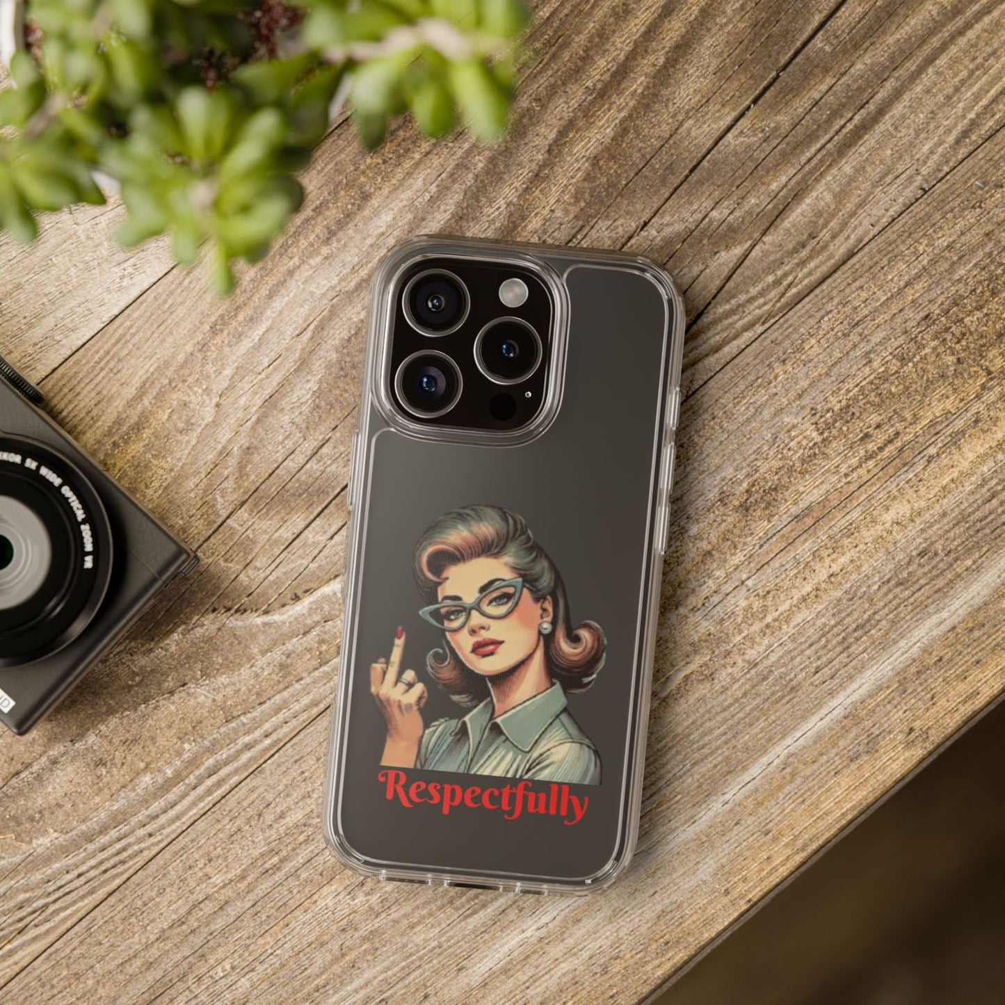 Clear Phone Case — Retro Woman Giving the Finger Graphic with “Respectfully” Text