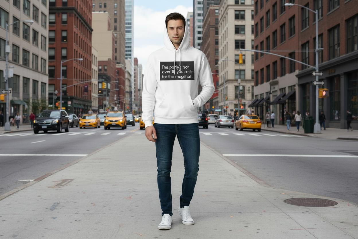 Hoodie — "The party’s not over ’till you smile for the mugshot" Funny Statement Pullover