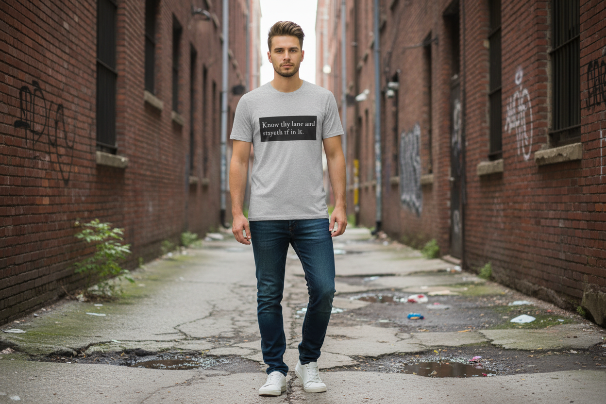 Gray t-shirt with a black text box on a light gray background