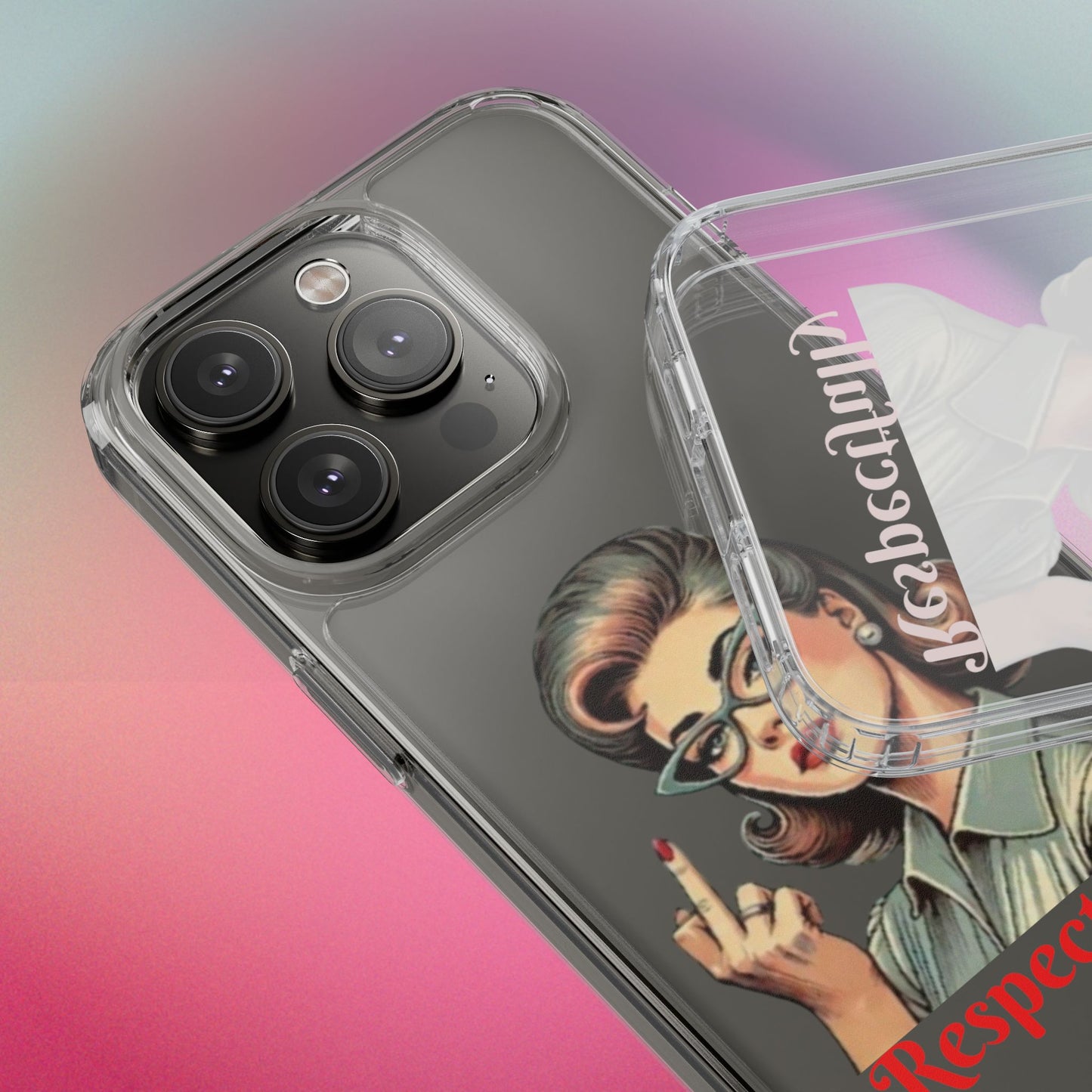 Clear Phone Case — Retro Woman Giving the Finger Graphic with “Respectfully” Text