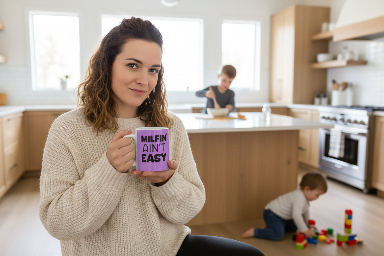 Purple mug with black text 'MILFIN' AIN'T EASY' on a white background