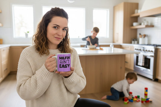 Purple mug with black text 'MILFIN' AIN'T EASY' on a white background