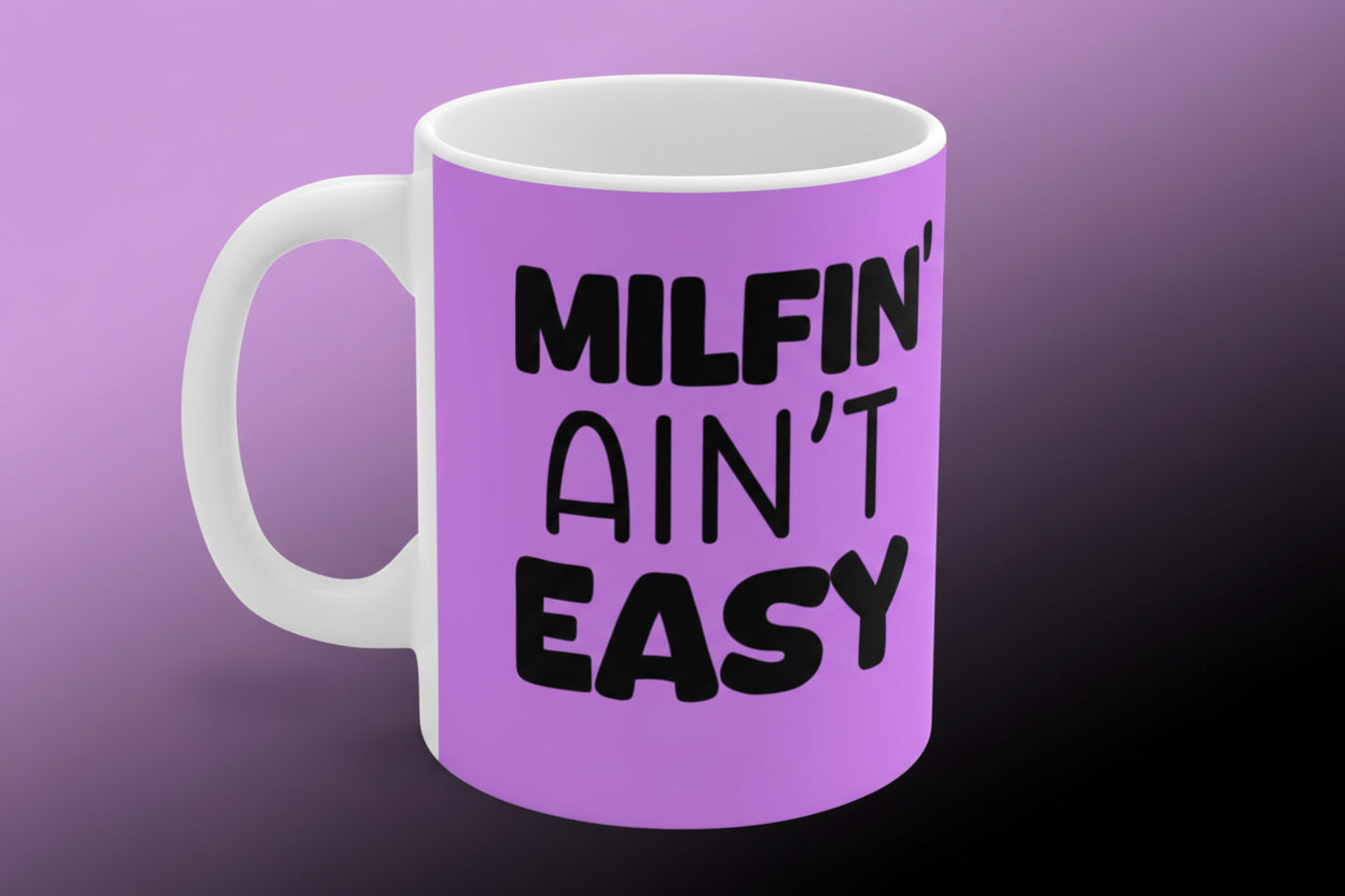 Purple mug with black text on a white background