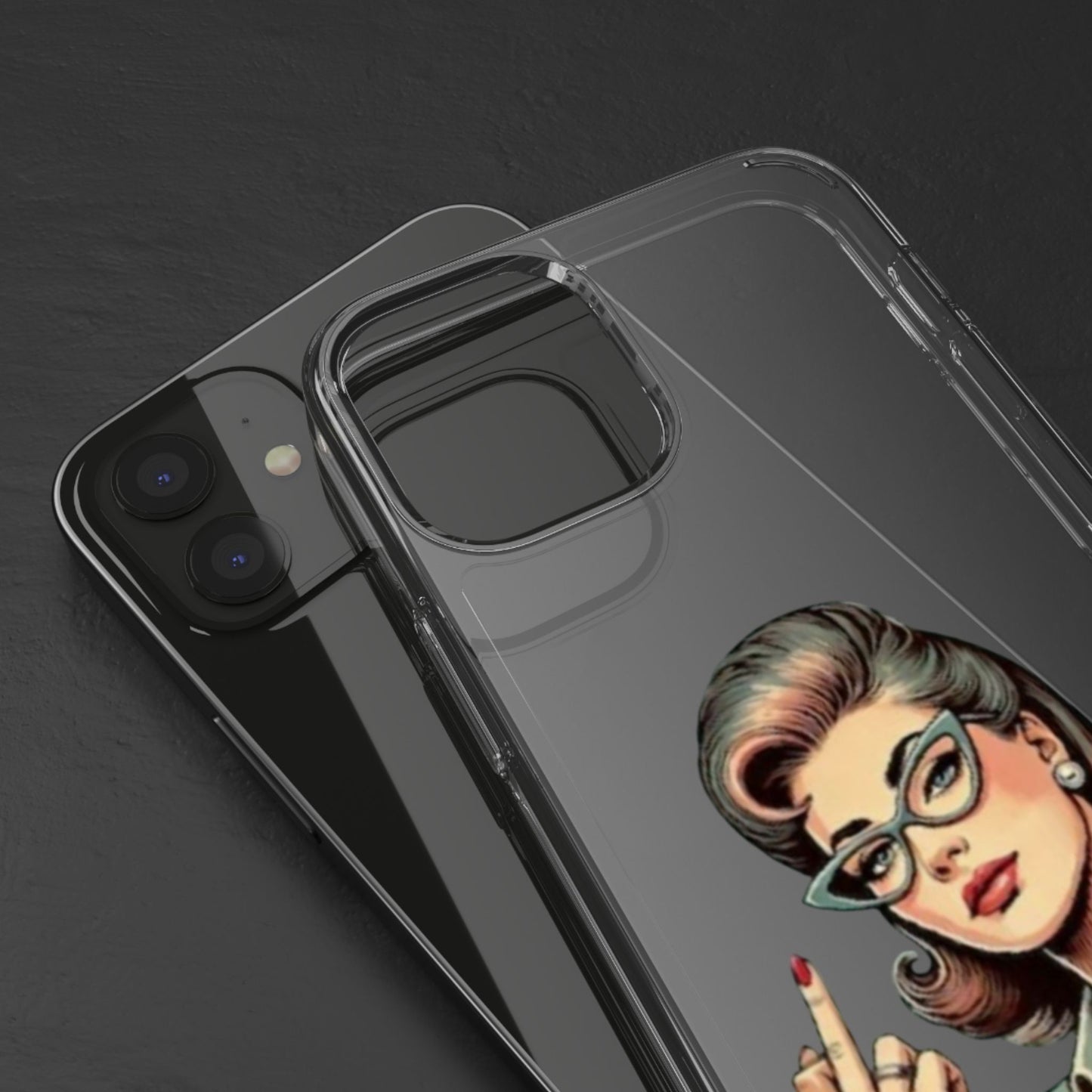 Clear Phone Case — Retro Woman Giving the Finger Graphic with “Respectfully” Text