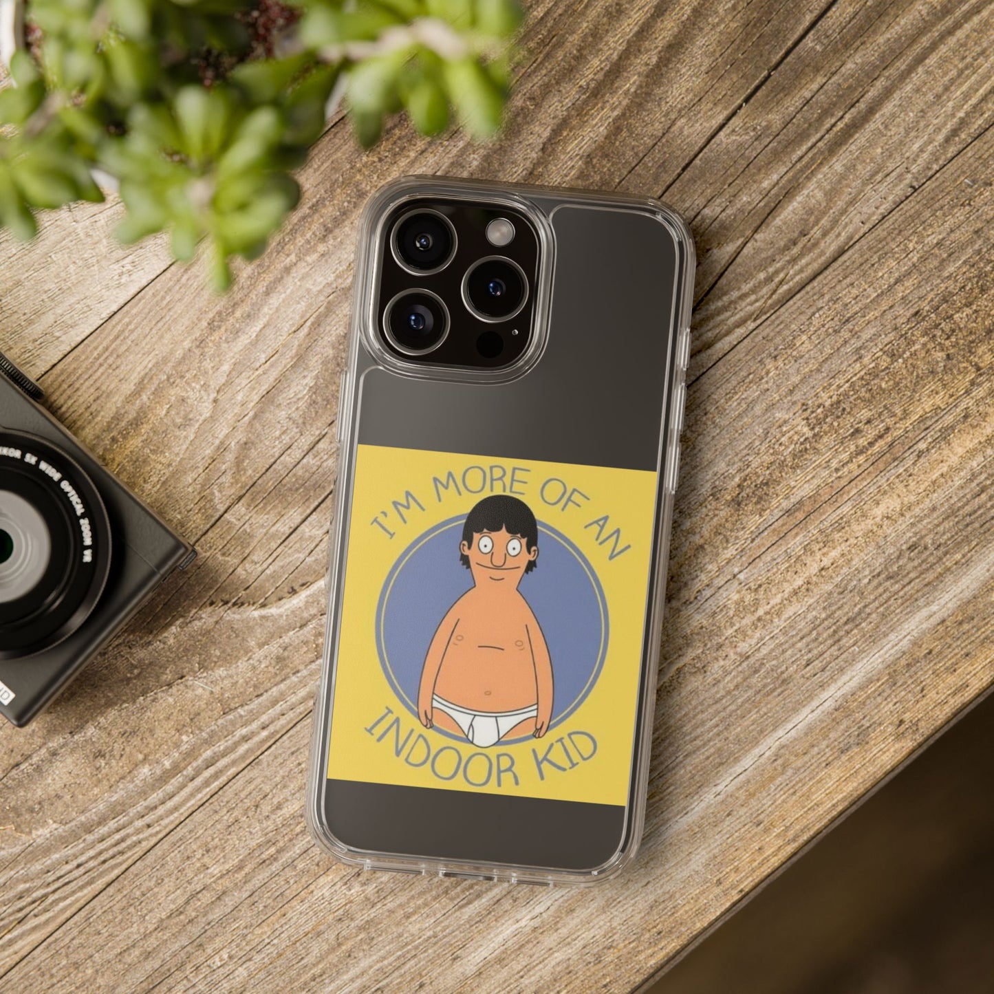 Clear Phone Case — "I'm More of an Indoor Kid" Cartoon Design
