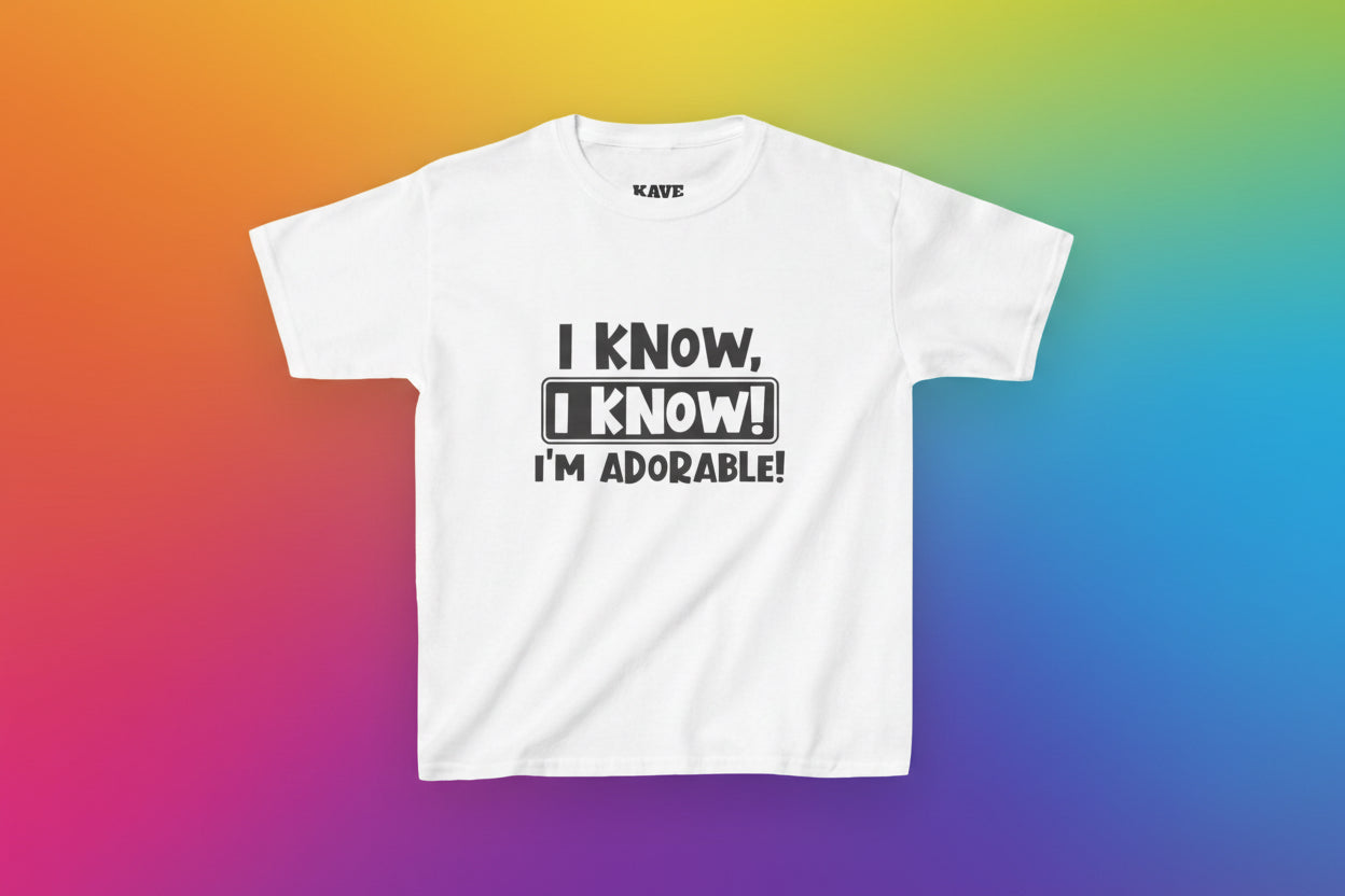 White t-shirt with black text on a white background