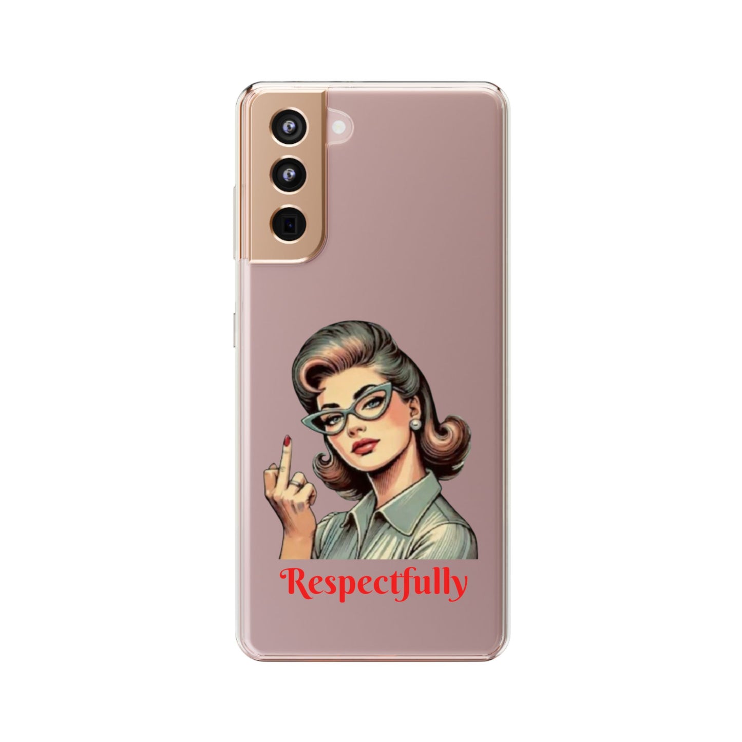 Clear Phone Case — Retro Woman Giving the Finger Graphic with “Respectfully” Text