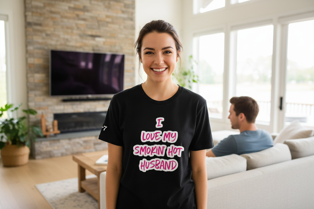 Woman wearing a black t-shirt with a humorous message in a living room.