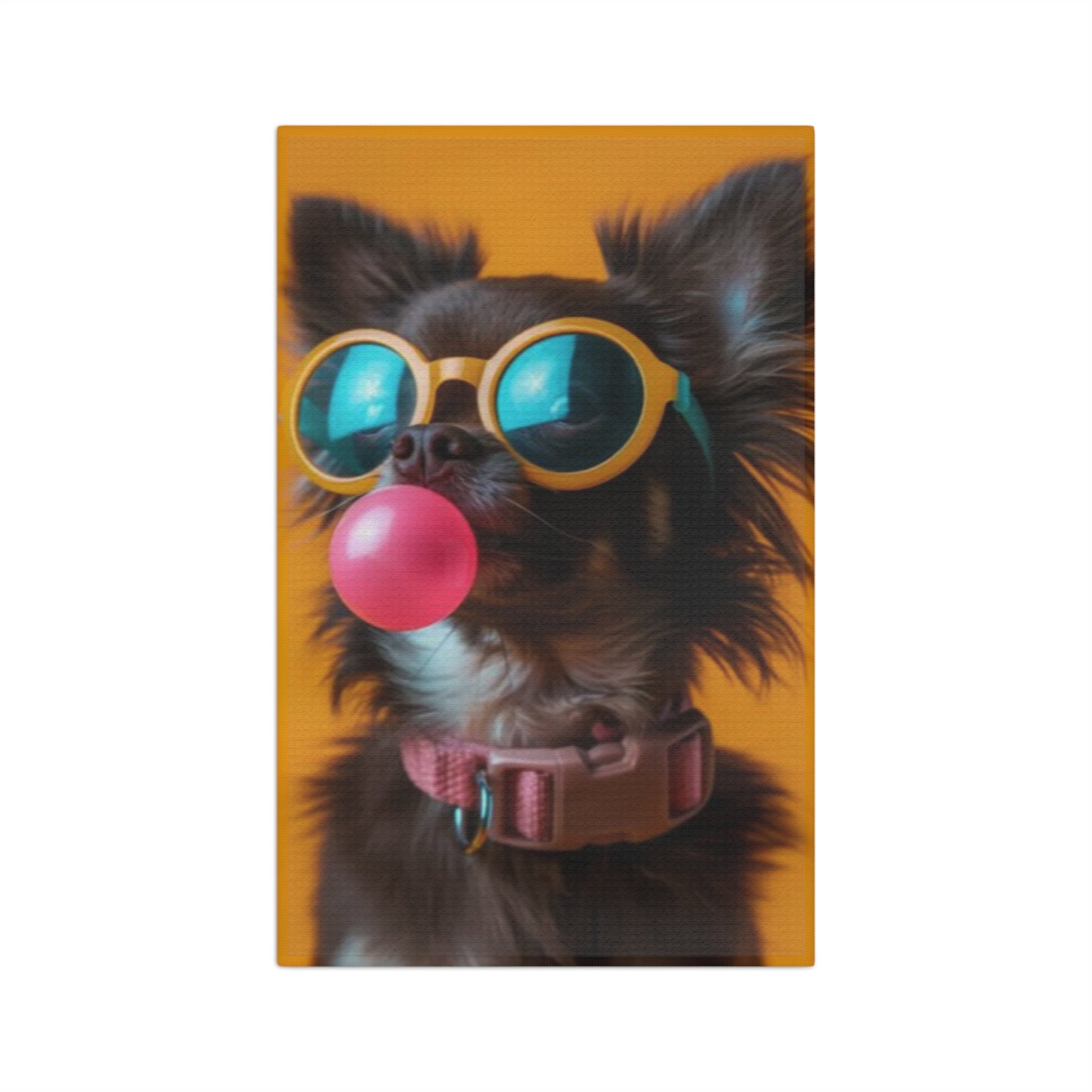Dog wearing sunglasses and a pink collar with a bubble gum ball on an orange background