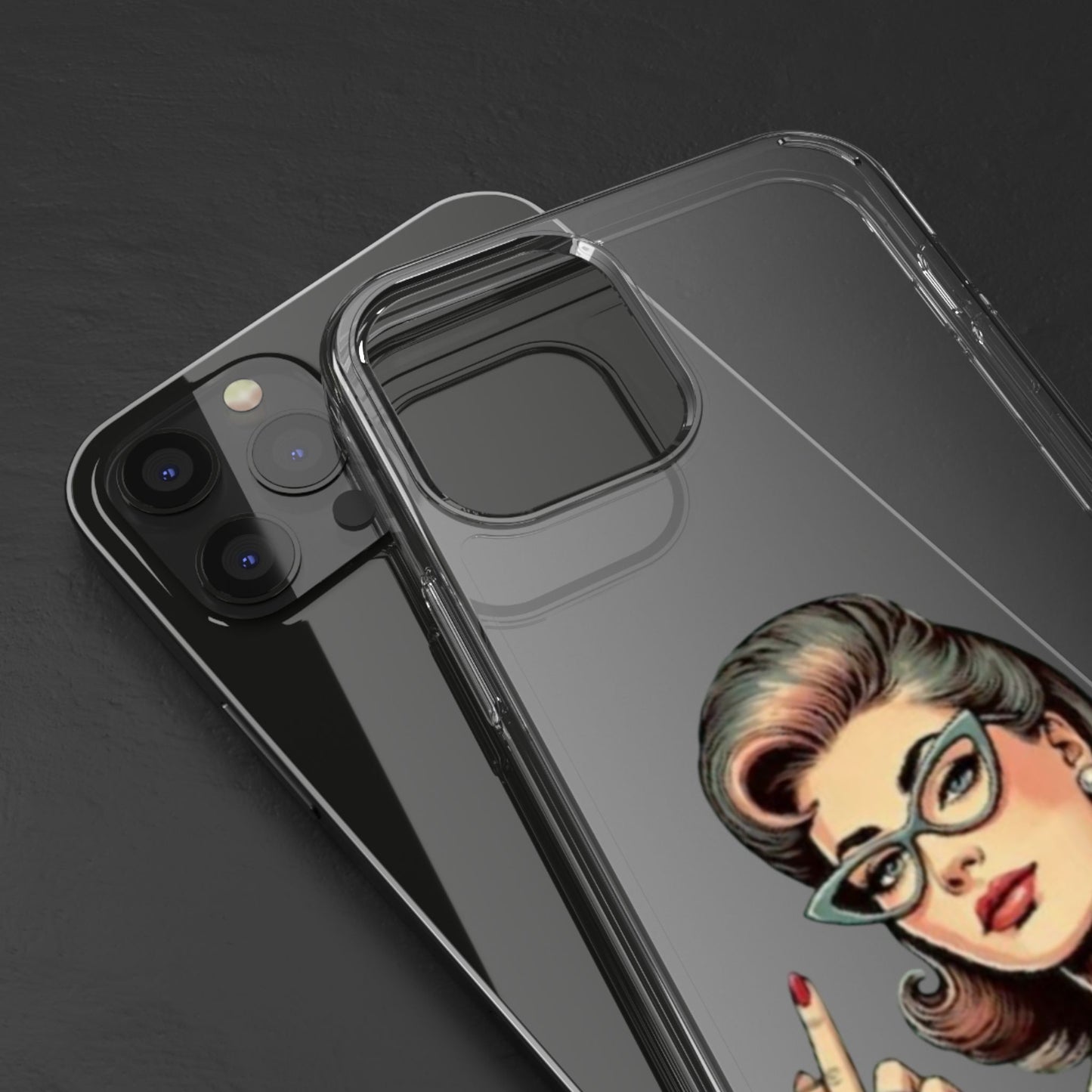 Clear Phone Case — Retro Woman Giving the Finger Graphic with “Respectfully” Text