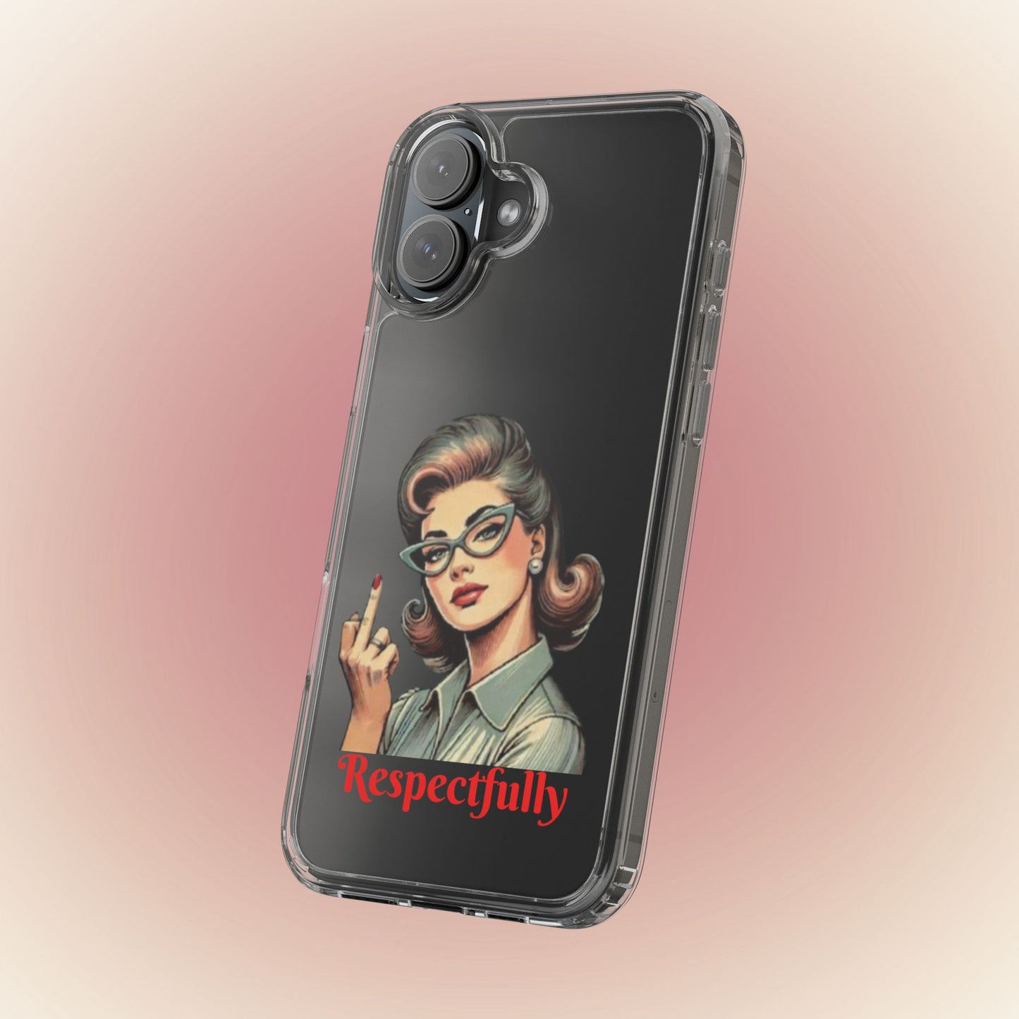 Clear Phone Case — Retro Woman Giving the Finger Graphic with “Respectfully” Text