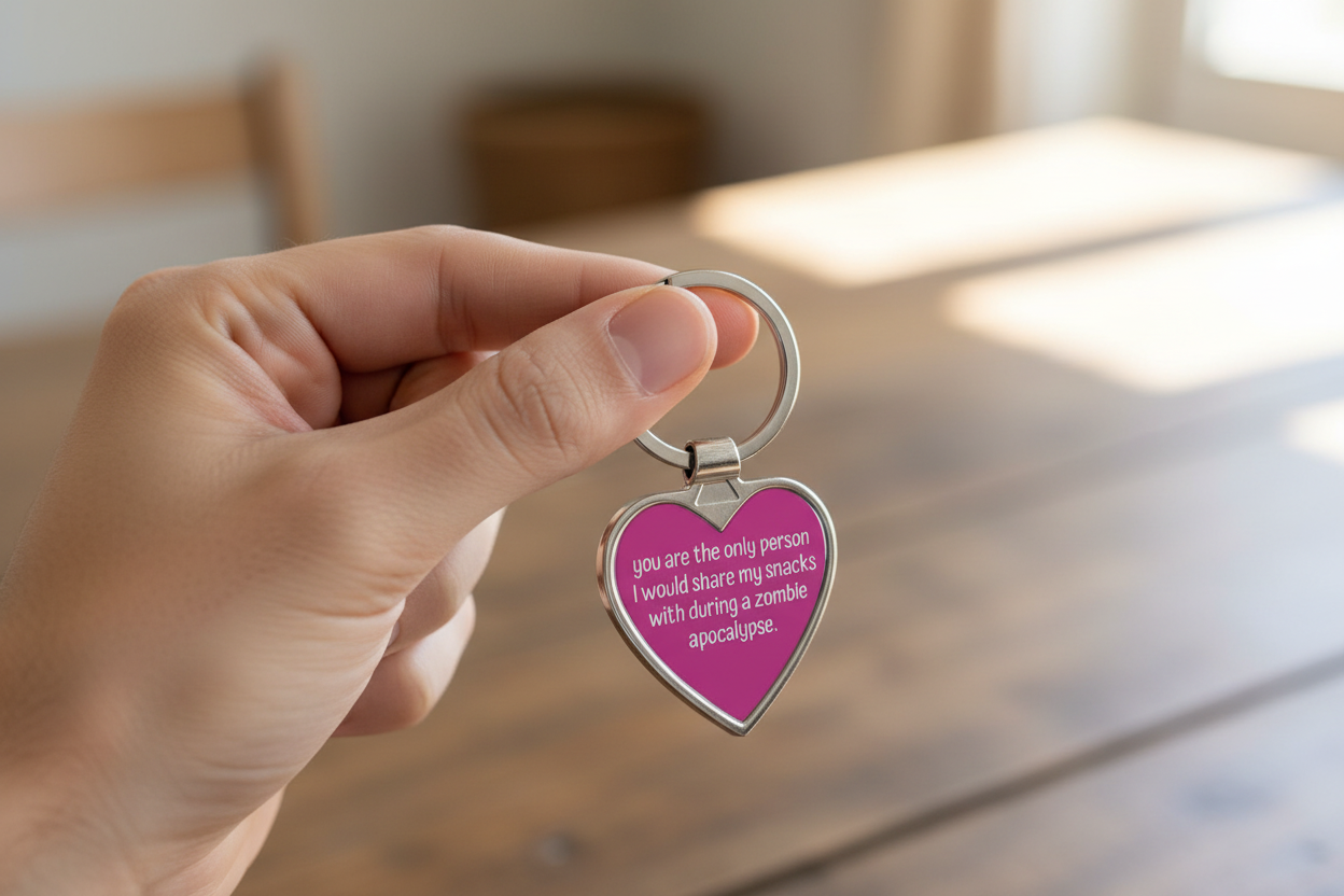 Heart-shaped keychain with text held by a hand on a wooden surface