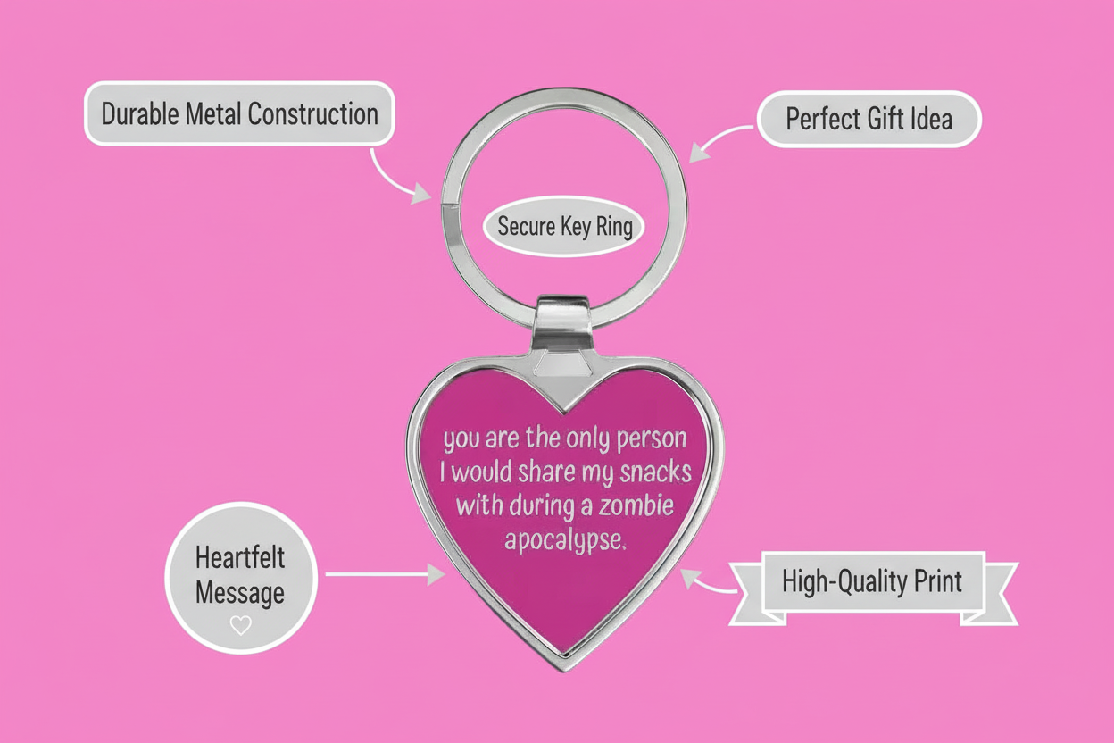Heart-shaped keychain with a message on a pink background