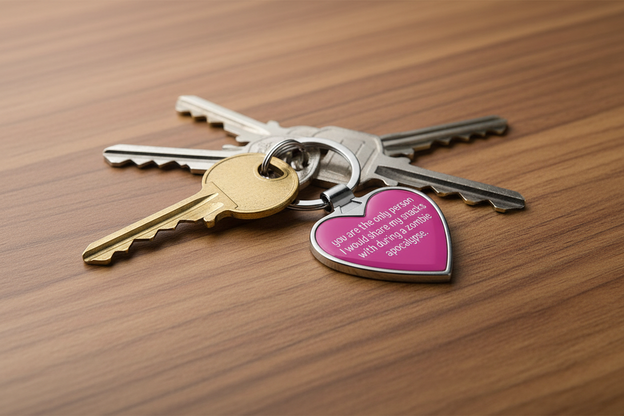 Set of keys with a heart-shaped keychain on a wooden surface