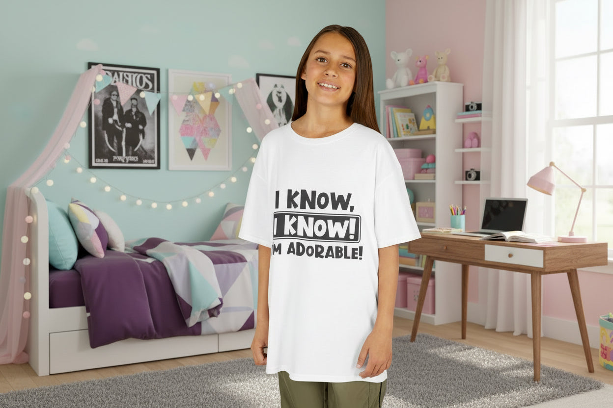 Young girl wearing a white t-shirt with 'I KNOW, I KNOW! I'M ADORABLE!' text on a white background
