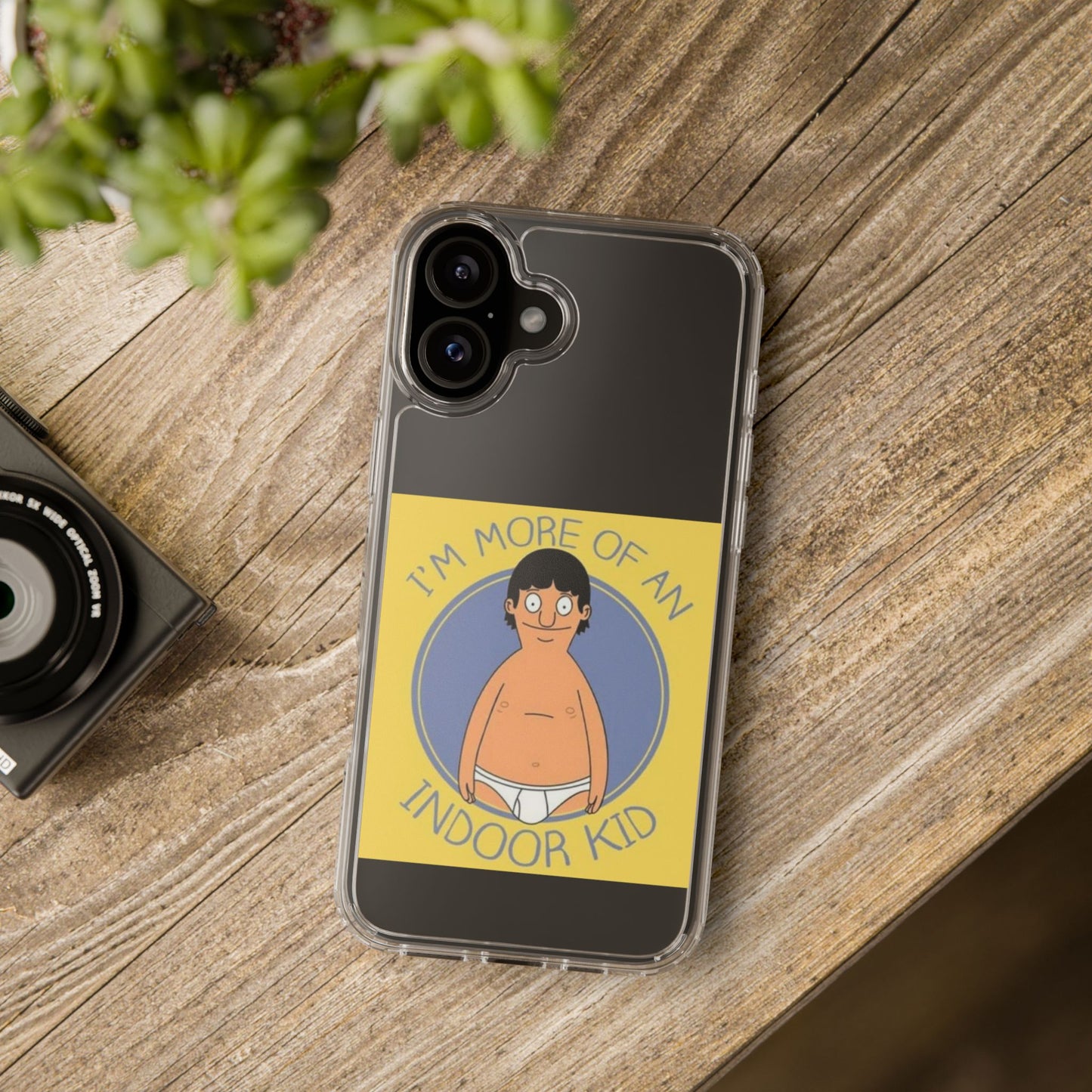 Clear Phone Case — "I'm More of an Indoor Kid" Cartoon Design