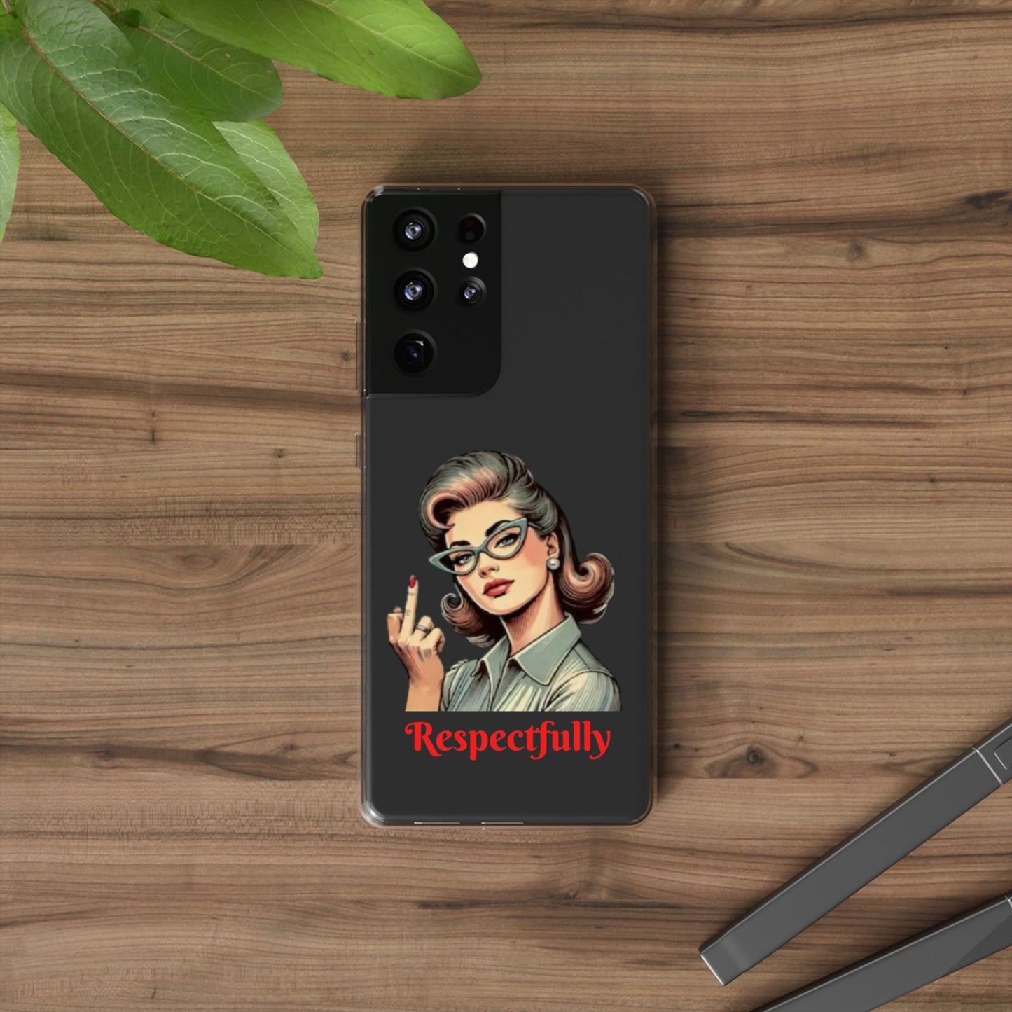 Clear Phone Case — Retro Woman Giving the Finger Graphic with “Respectfully” Text