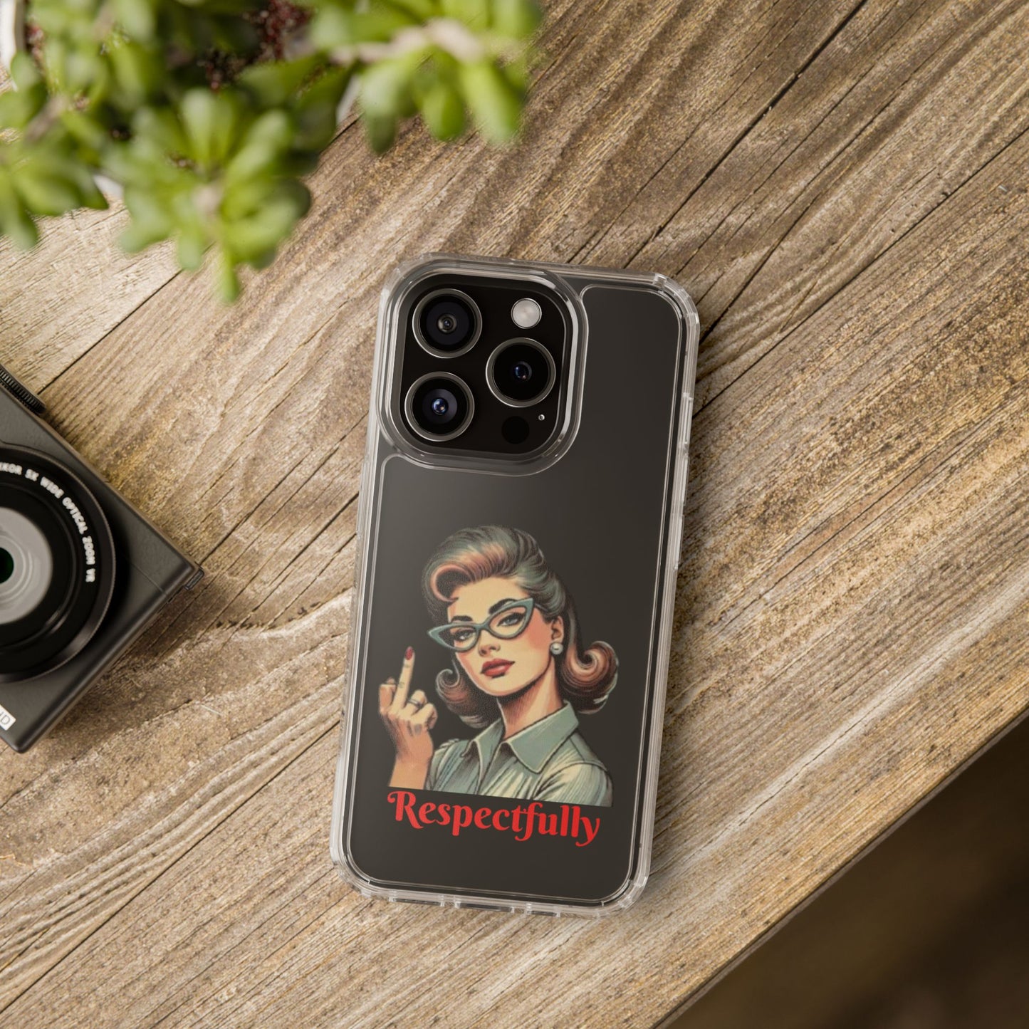 Clear Phone Case — Retro Woman Giving the Finger Graphic with “Respectfully” Text