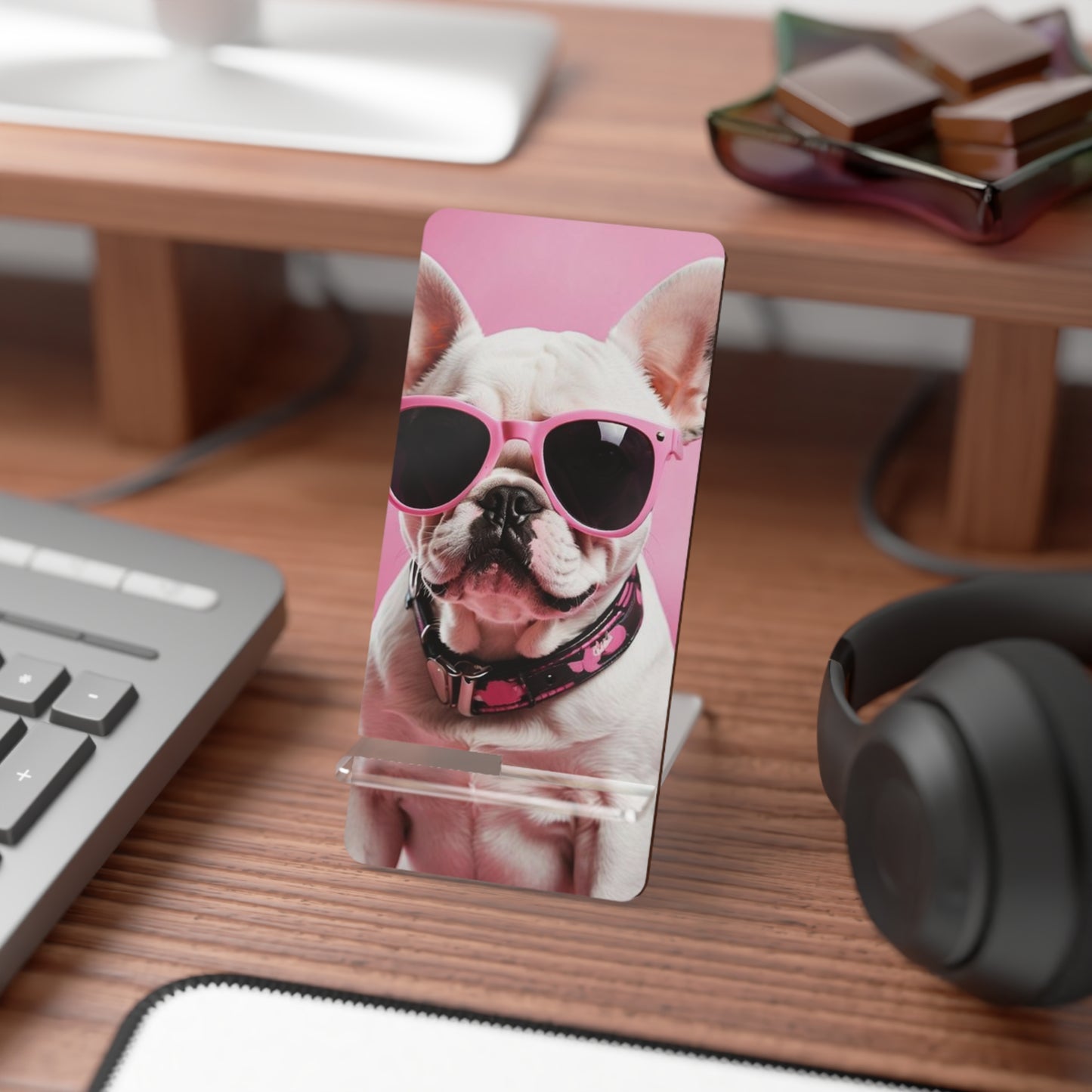 Pink Sunglasses French Bulldog Phone Stand — Cute Smartphone Display Holder