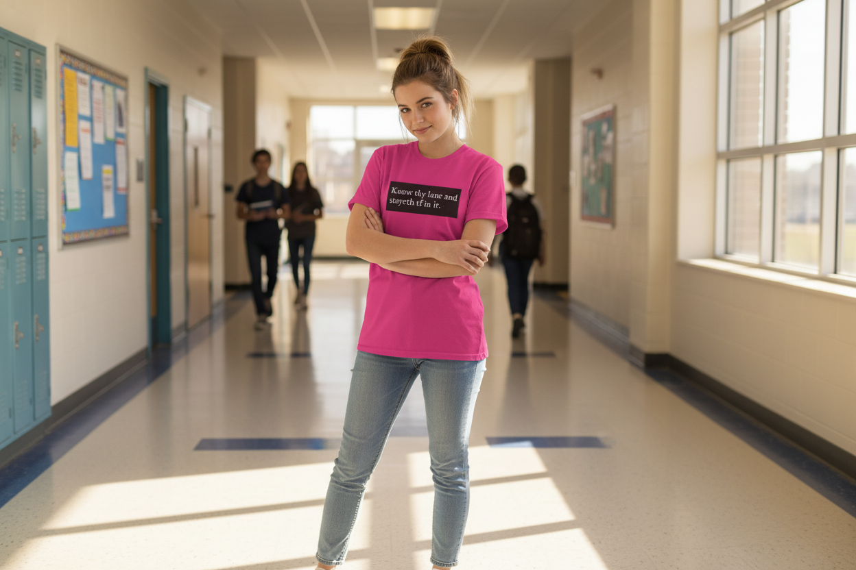Pink t-shirt with a black text box on a gray background
