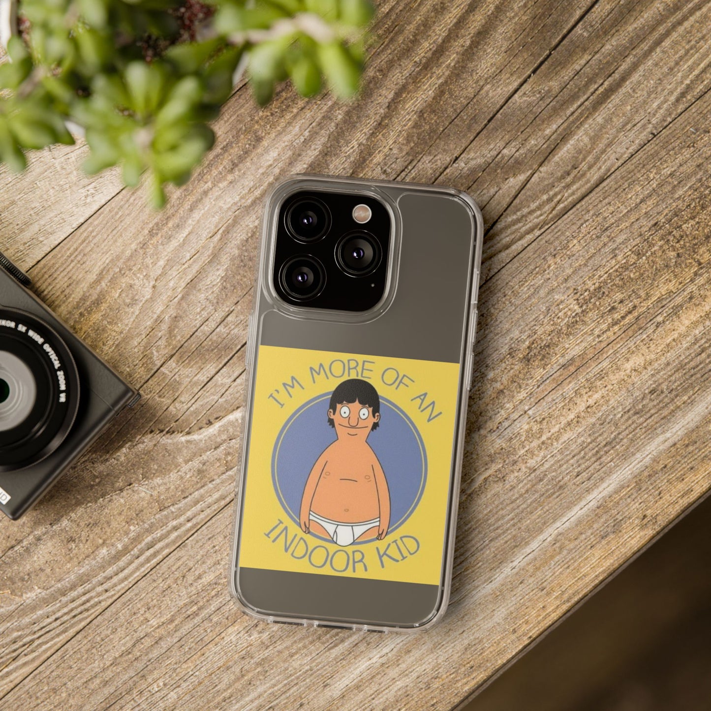Clear Phone Case — "I'm More of an Indoor Kid" Cartoon Design