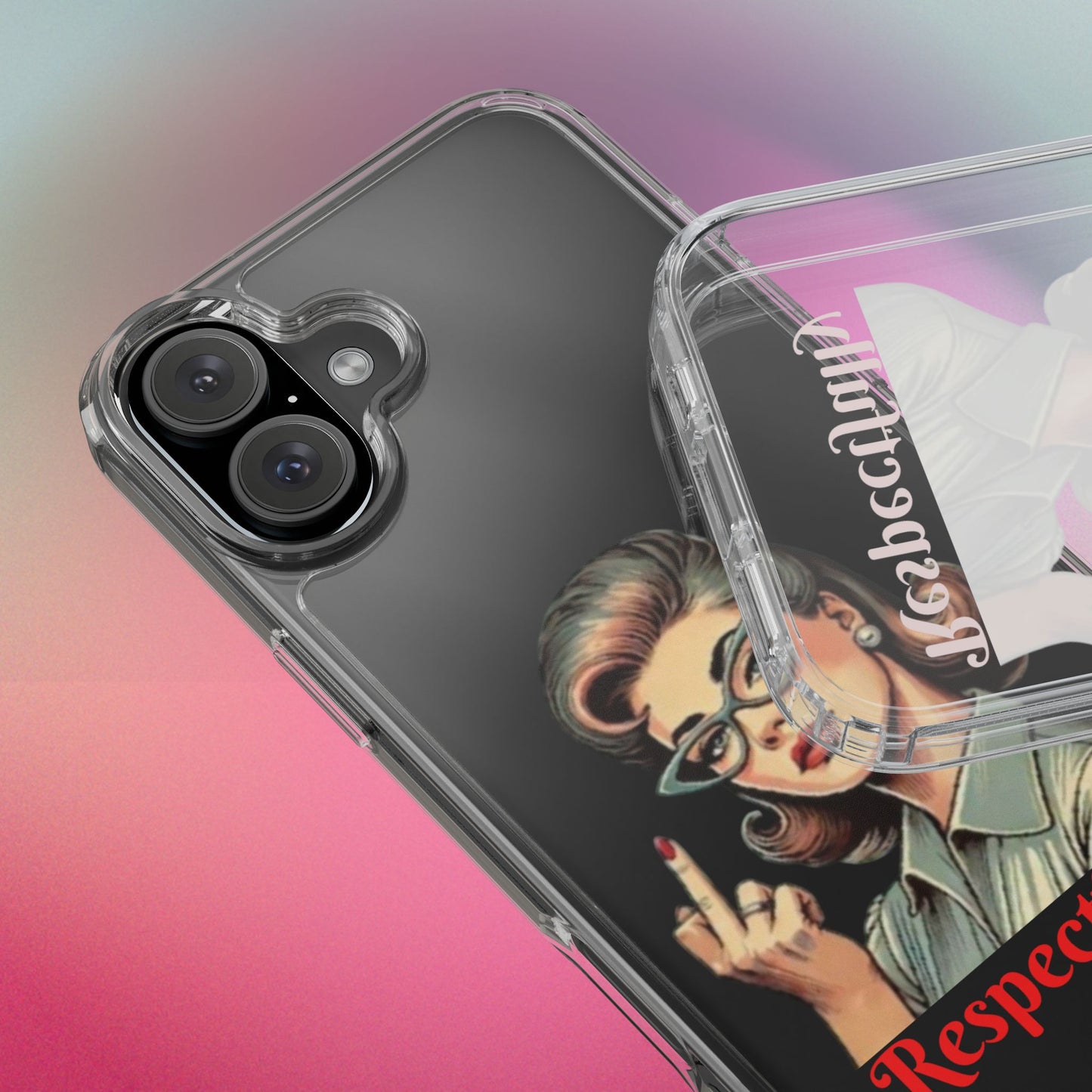 Clear Phone Case — Retro Woman Giving the Finger Graphic with “Respectfully” Text