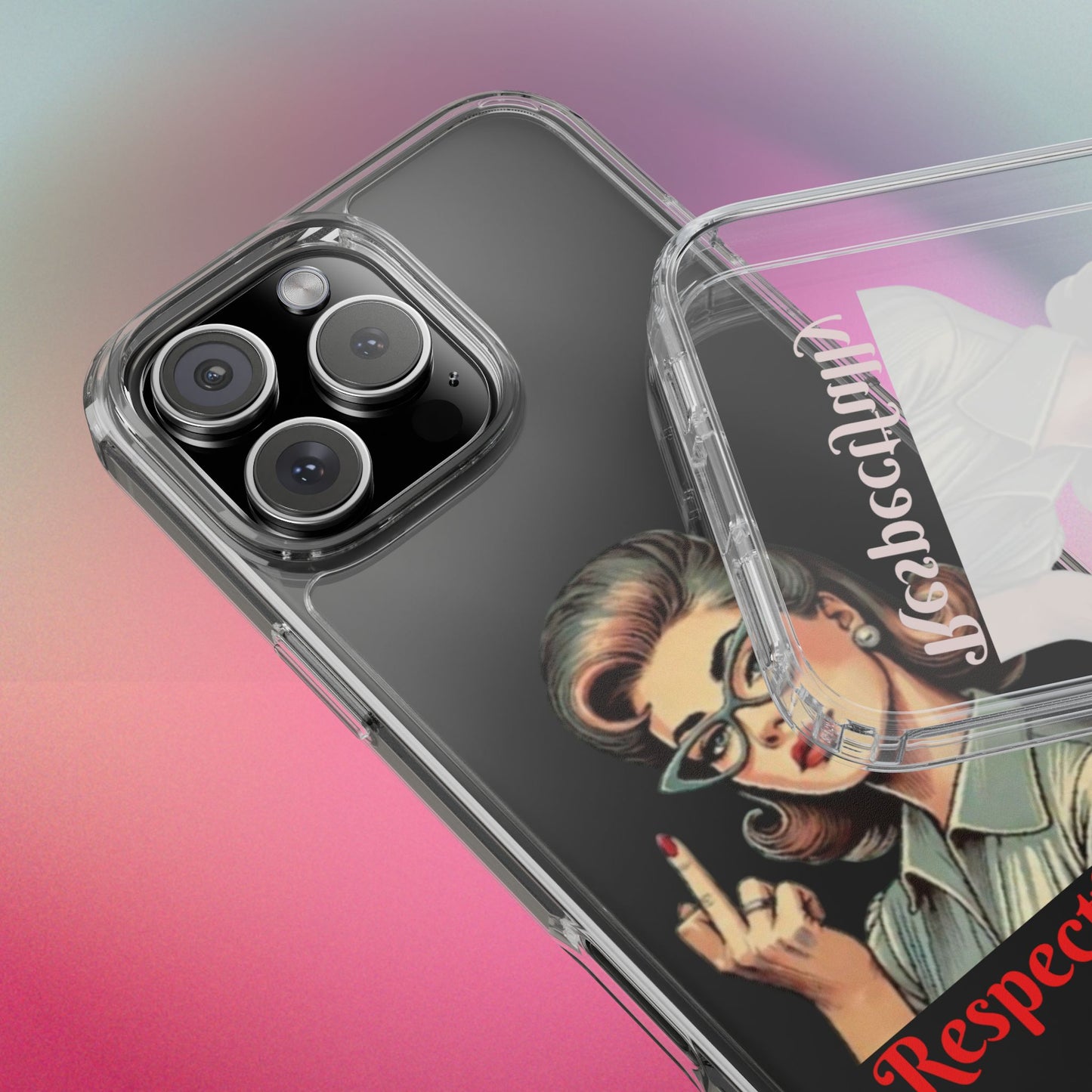 Clear Phone Case — Retro Woman Giving the Finger Graphic with “Respectfully” Text