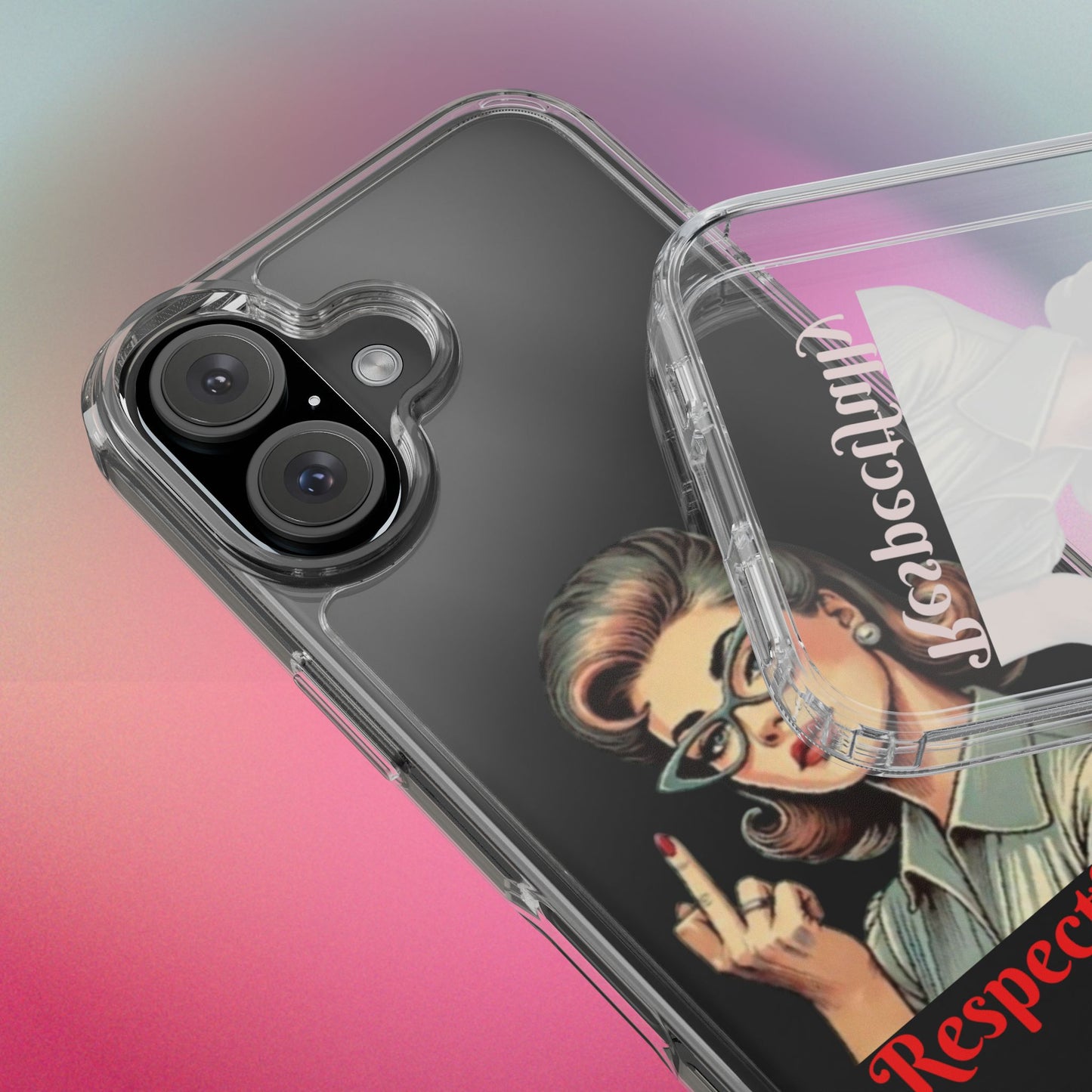 Clear Phone Case — Retro Woman Giving the Finger Graphic with “Respectfully” Text